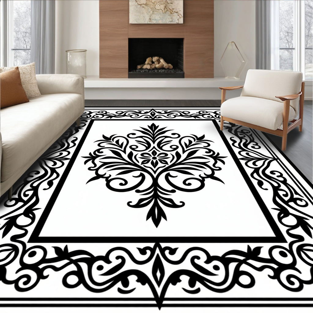 Classic Black Floral Medallion Frame Rug