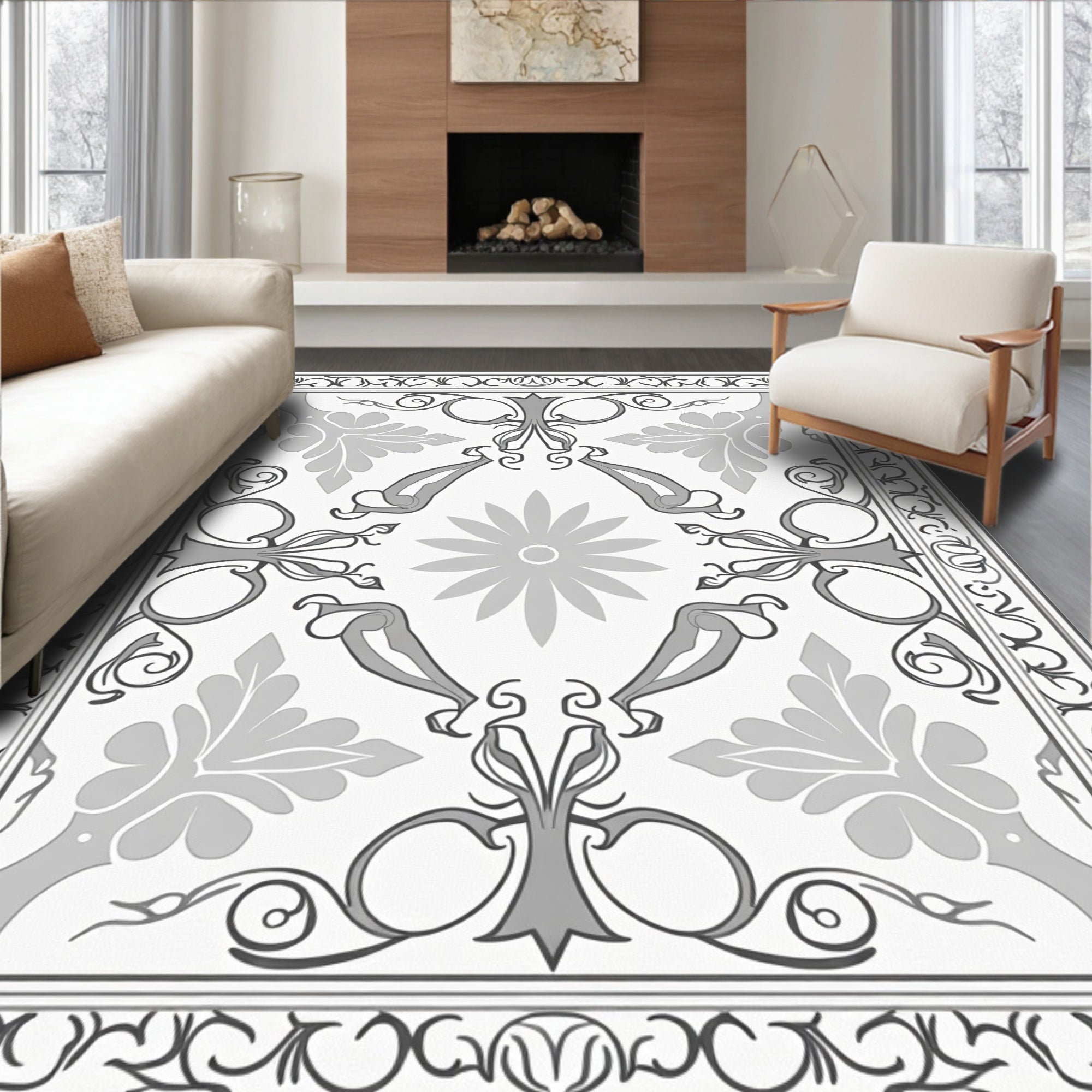 Ornate Floral Scrollwork Inspired Design Rug
