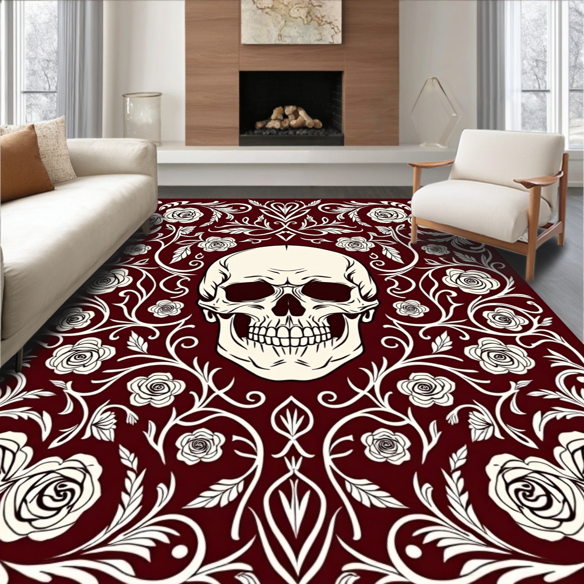 Dark Red Skull Rose Garland Rug
