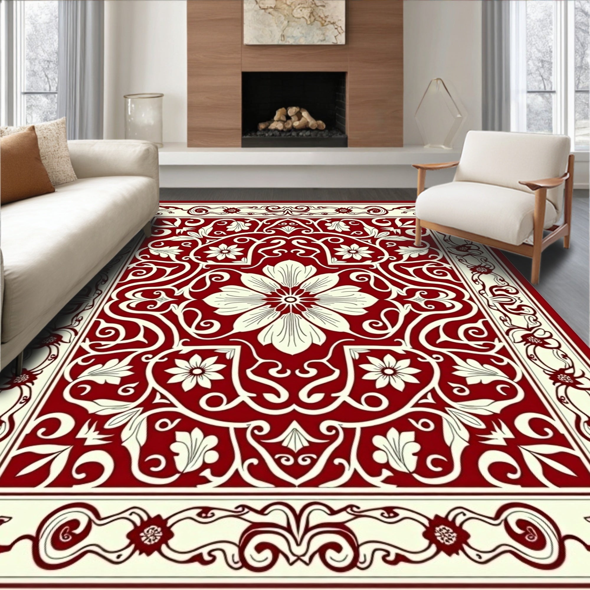 Classic Red Floral Medallion Pattern Rug