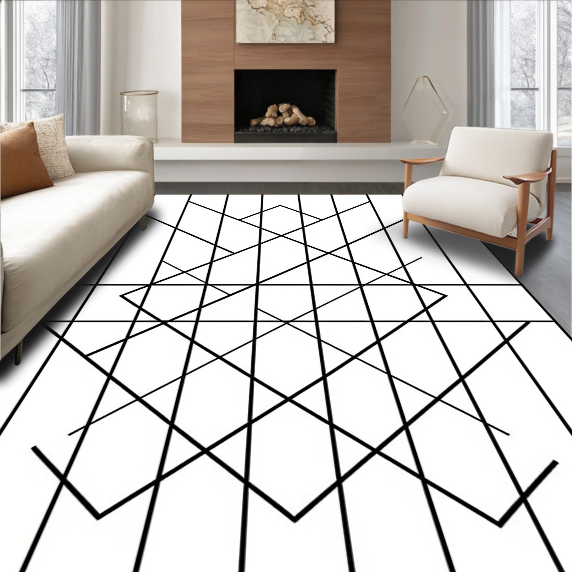 Black White Geometric Angular Pattern Rug