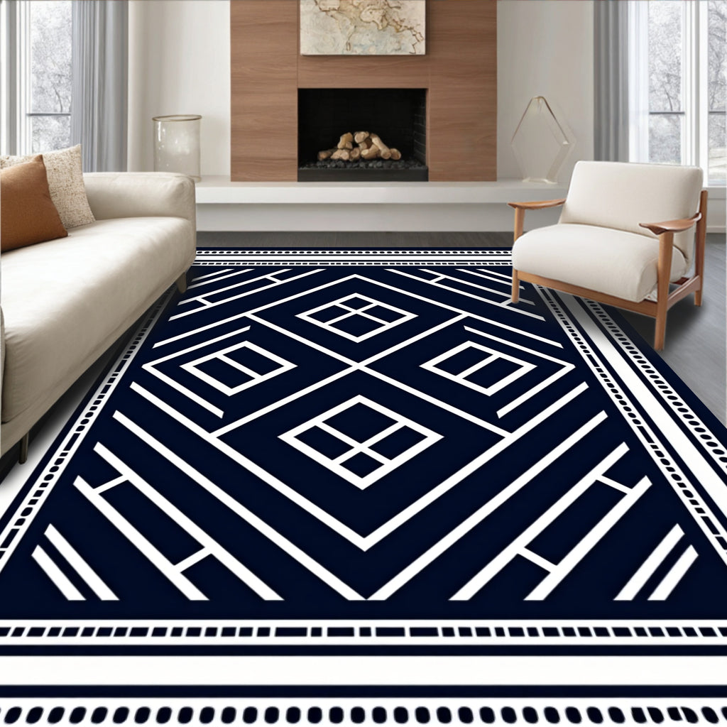 Geometric Patterned Navy White Rug