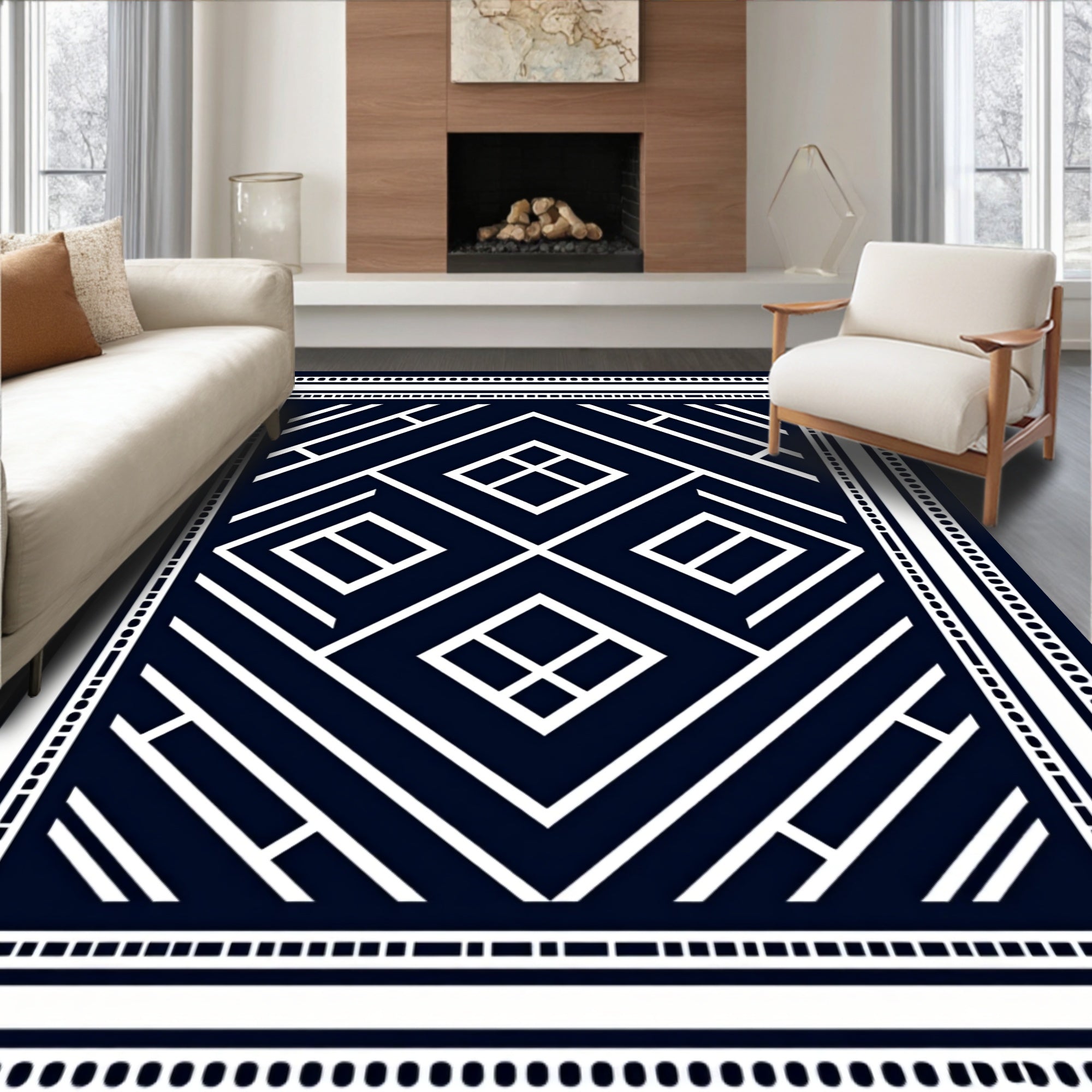 Geometric Patterned Navy White Rug