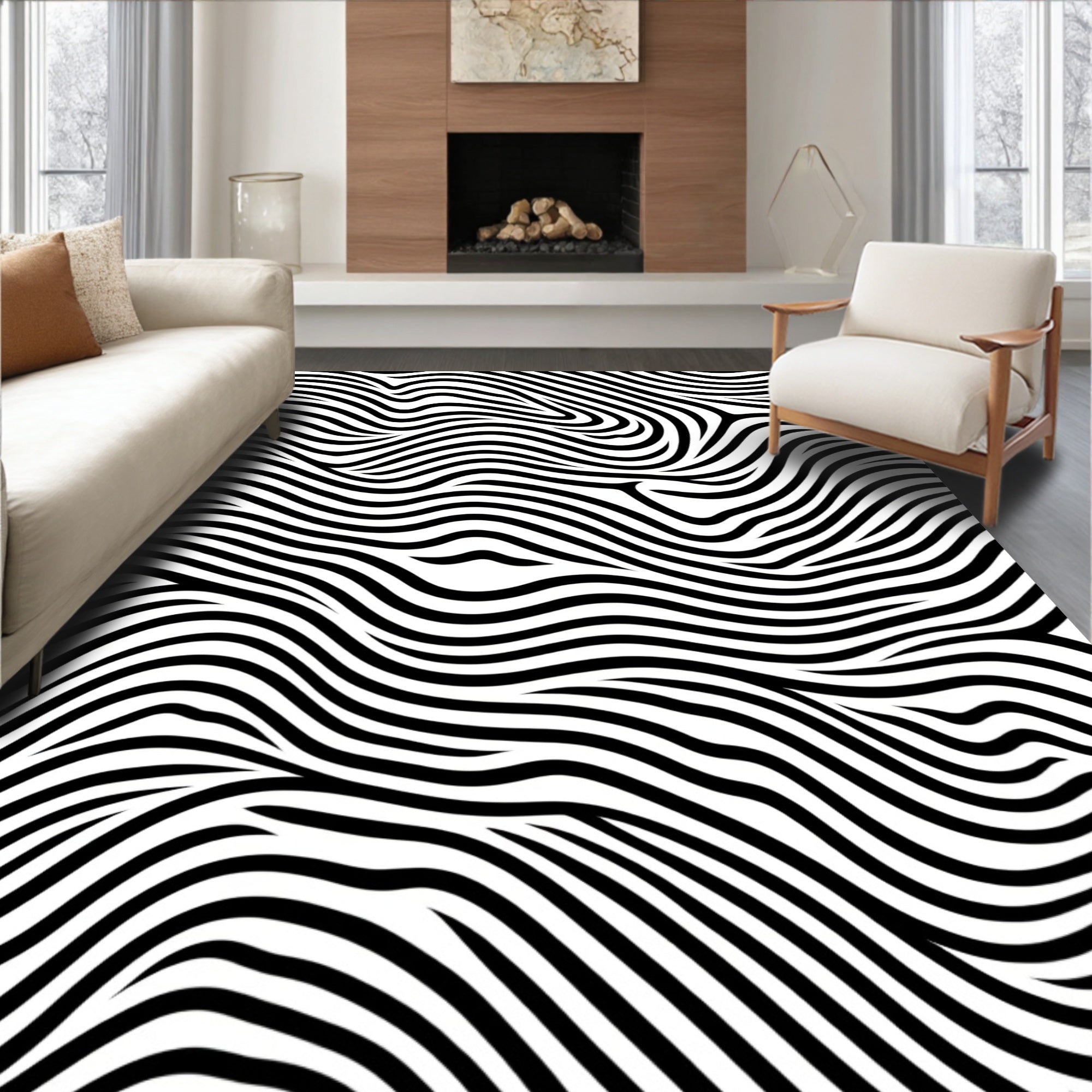 Dynamic Black White Wavy Lines Rug