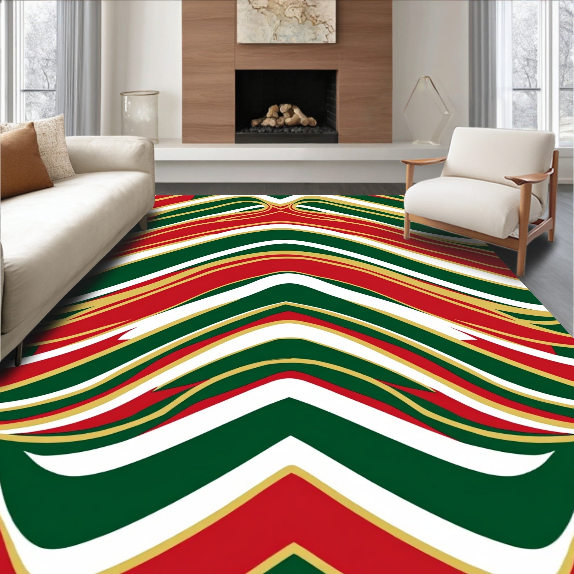 Bold Red Green Gold Wavy Stripe Design Rug