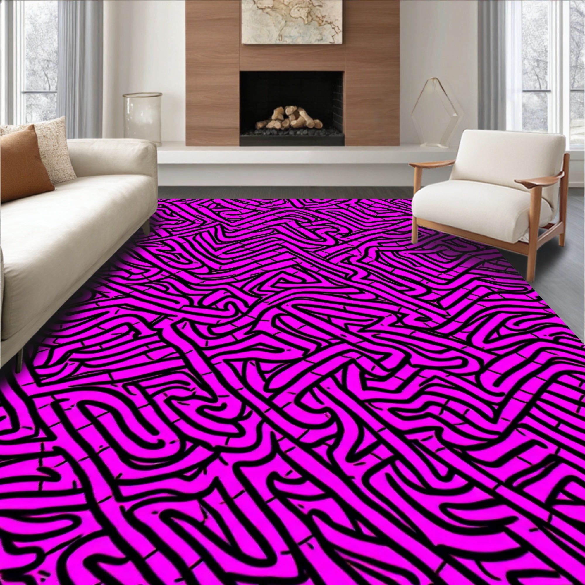 Bold Pink Abstract Maze Pattern Rug