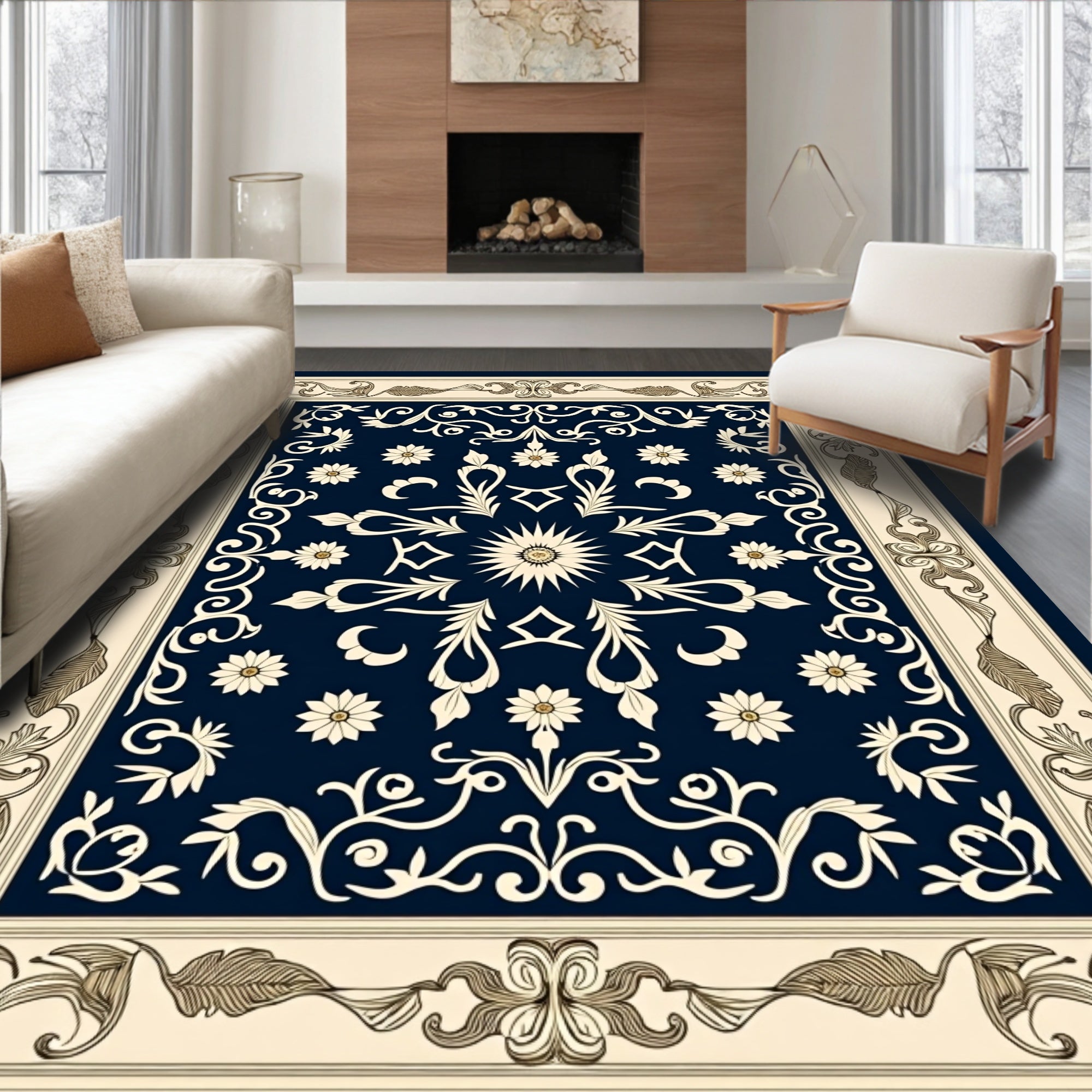 Classic Floral Bordered Medallion Design Rug