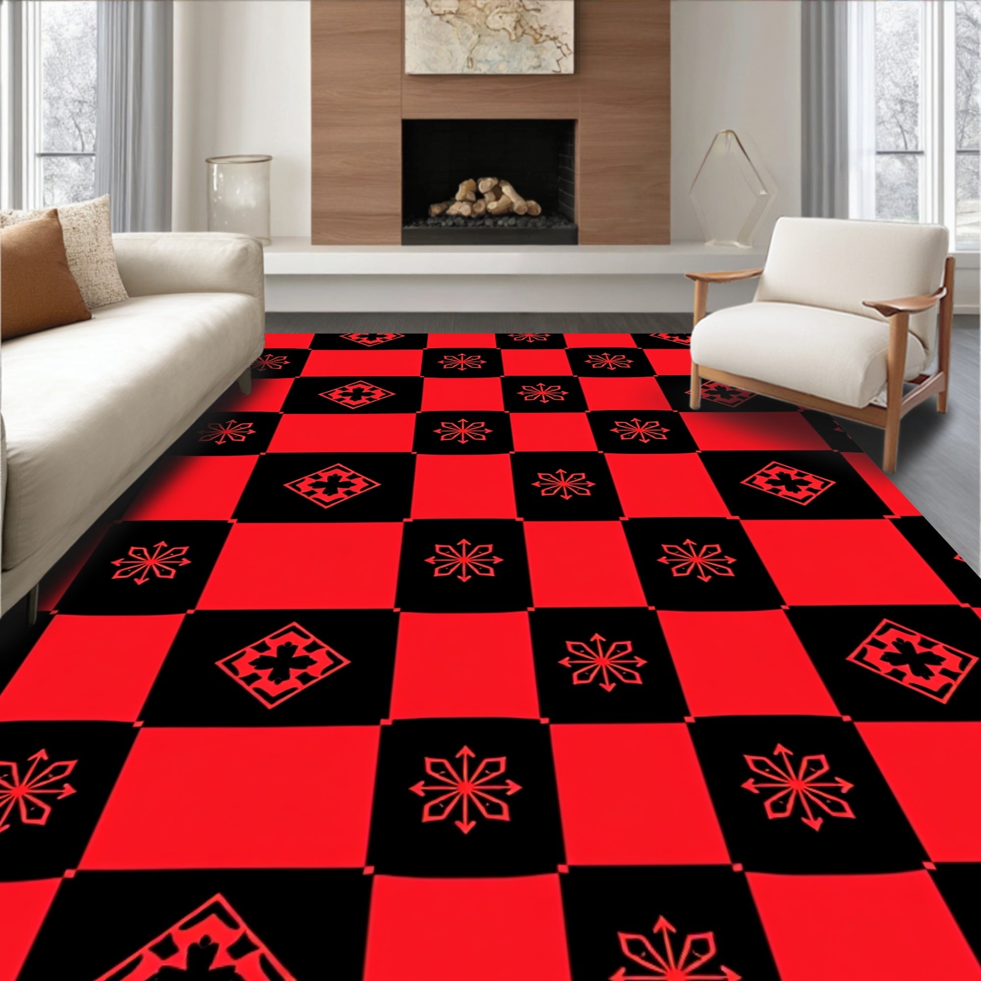 Red Black Checkerboard Graphic Design Rug