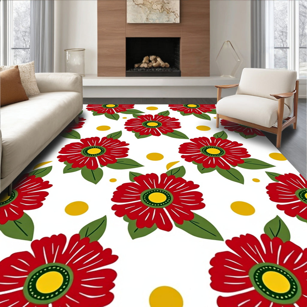 Red Flower Yellow Dot Pattern Rug