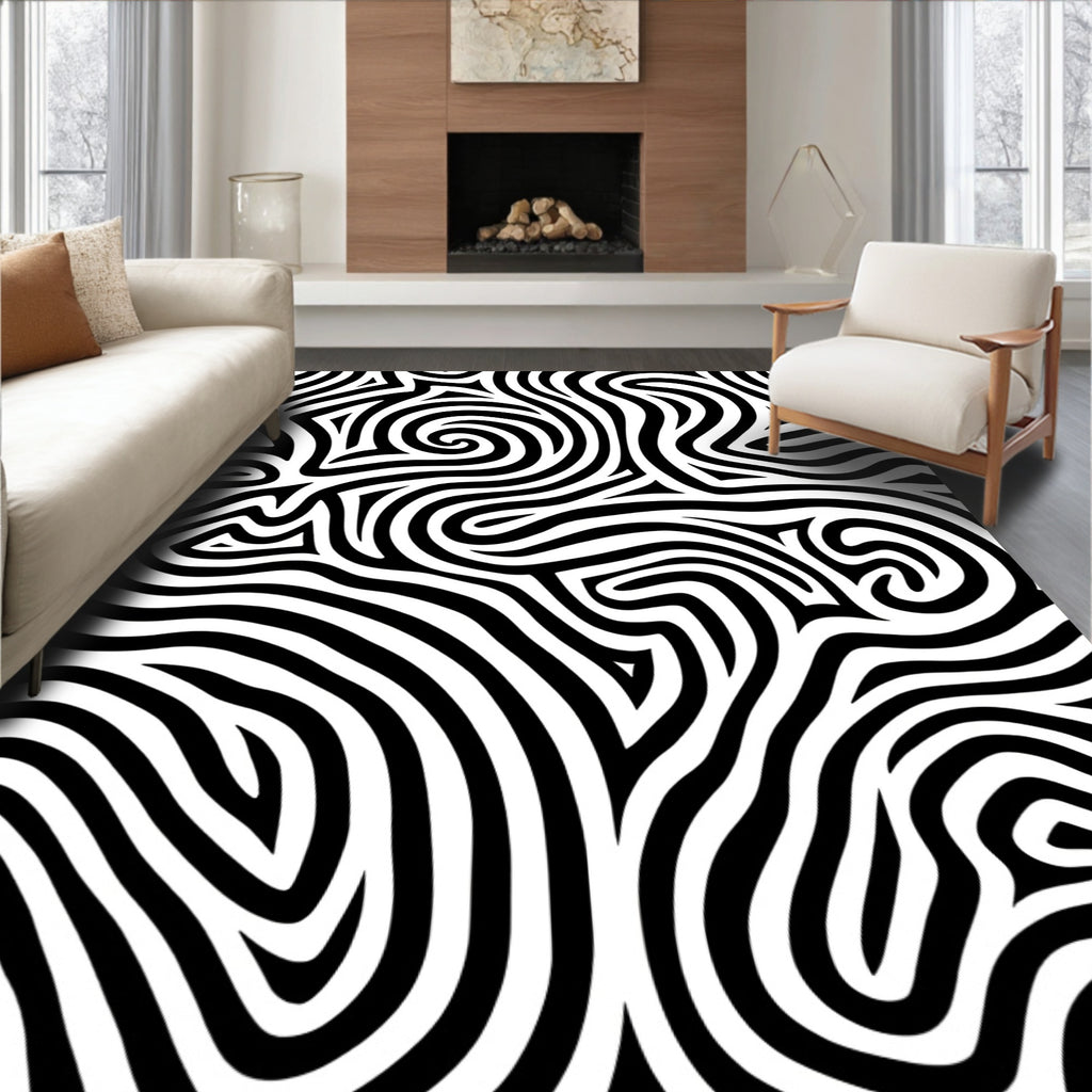 Abstract Black White Swirl Pattern Rug