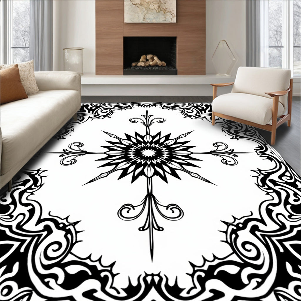 Bold Black Symmetry Starburst Pattern Rug