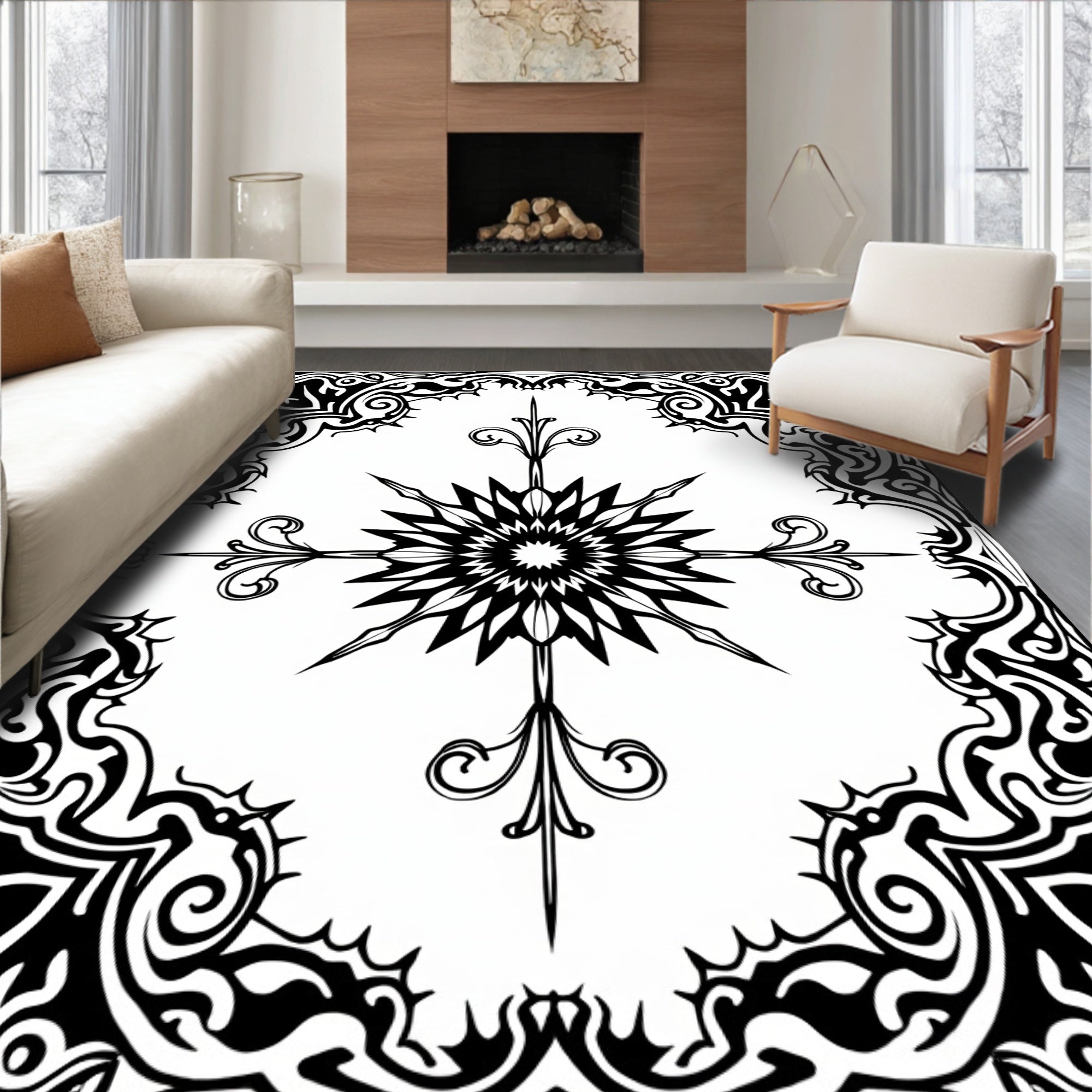 Bold Black Symmetry Starburst Pattern Rug