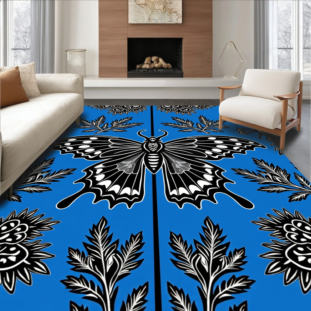 Bold Black Butterfly Branch Medallion Rug