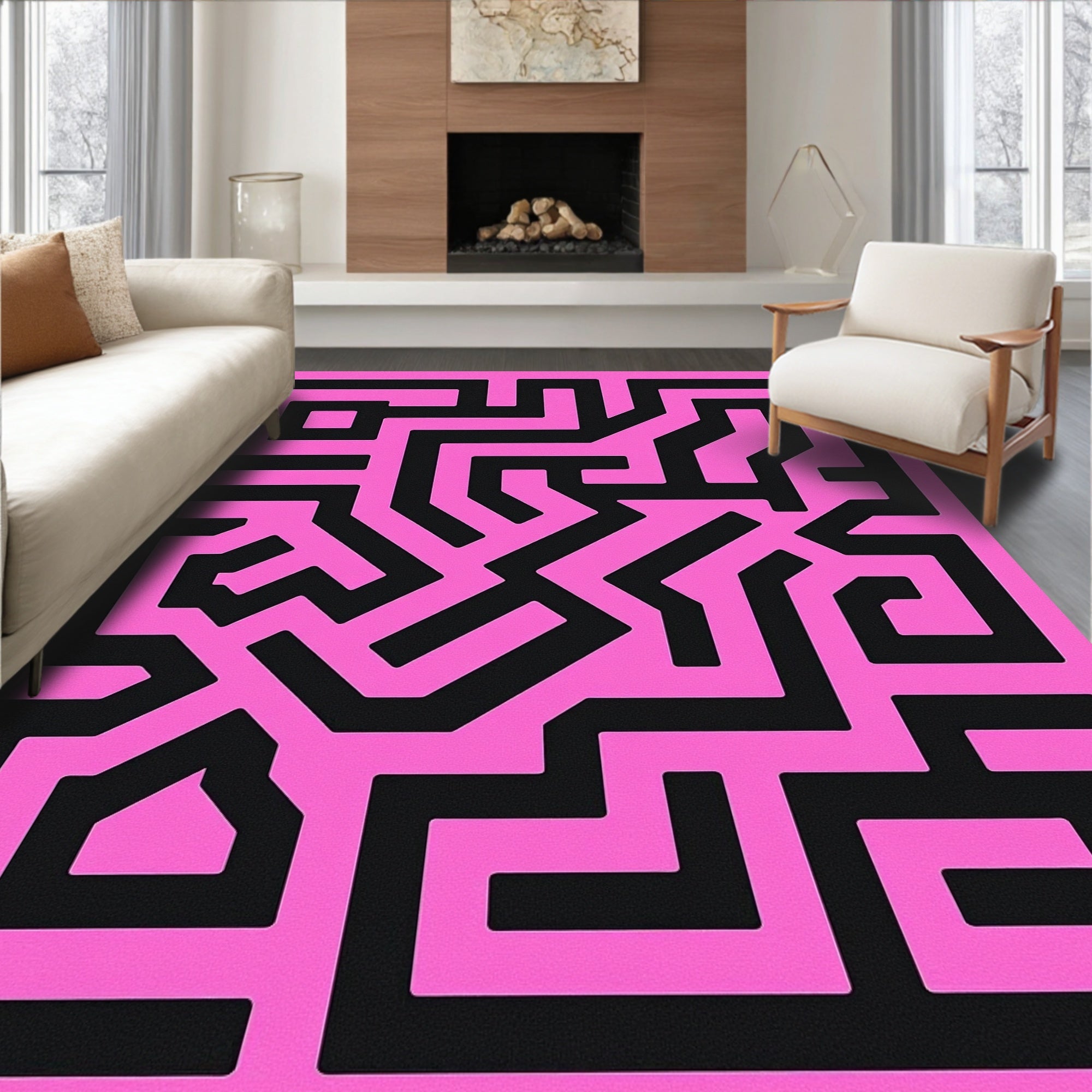 Bright Pink Maze Geometric Art Rug