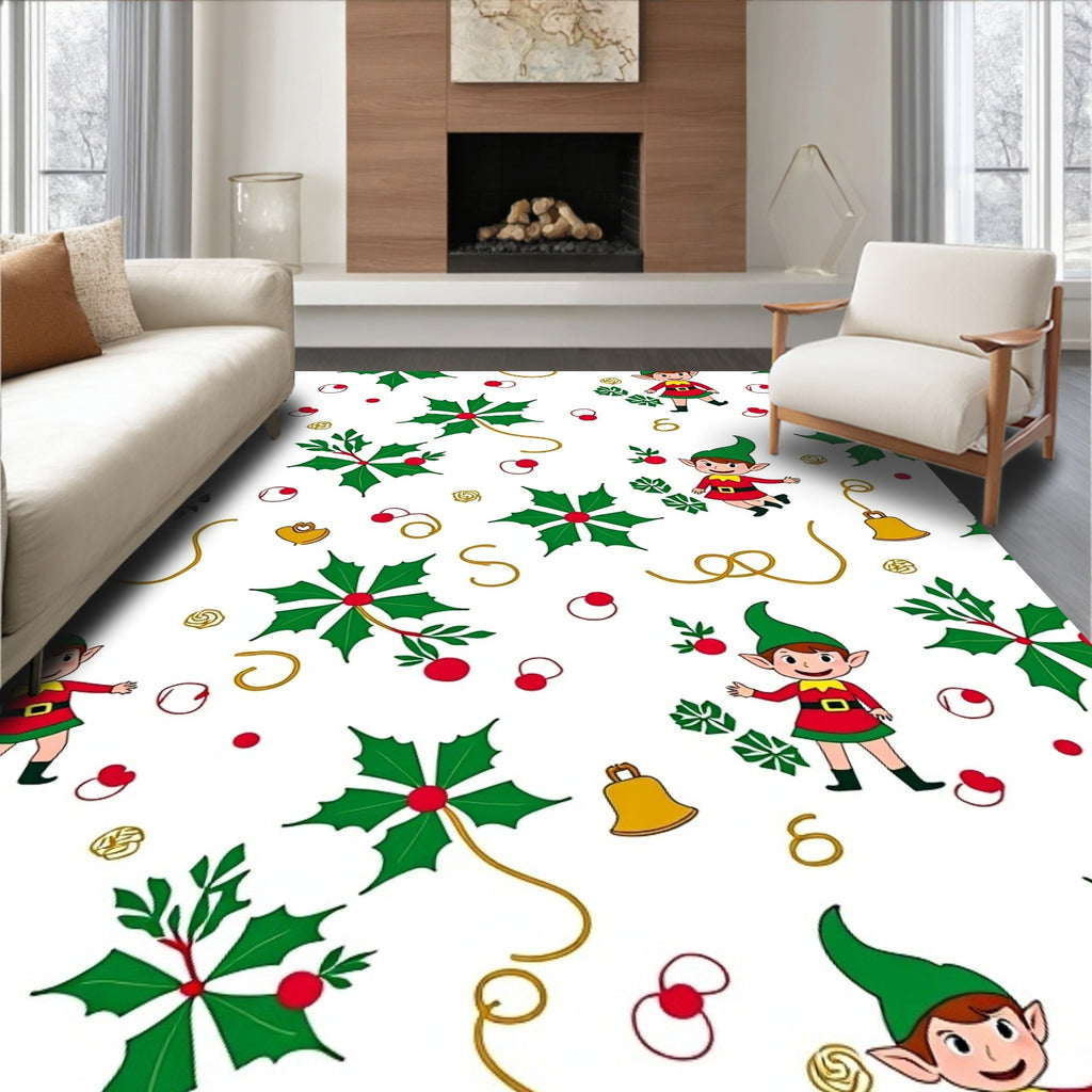 Joyful Elves Holly Berries Bells Christmas Rug