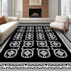 Black White Floral Motif Patterned Rug