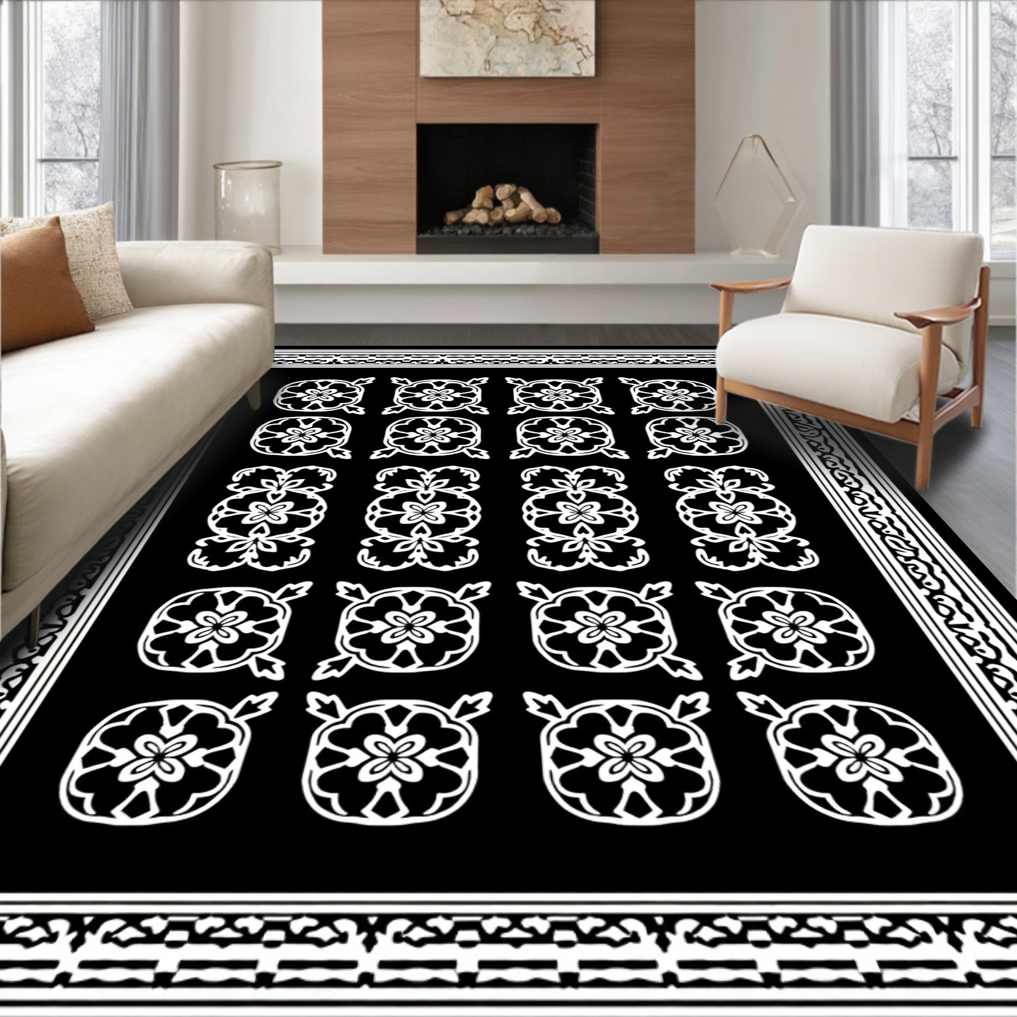 Black White Floral Motif Patterned Rug