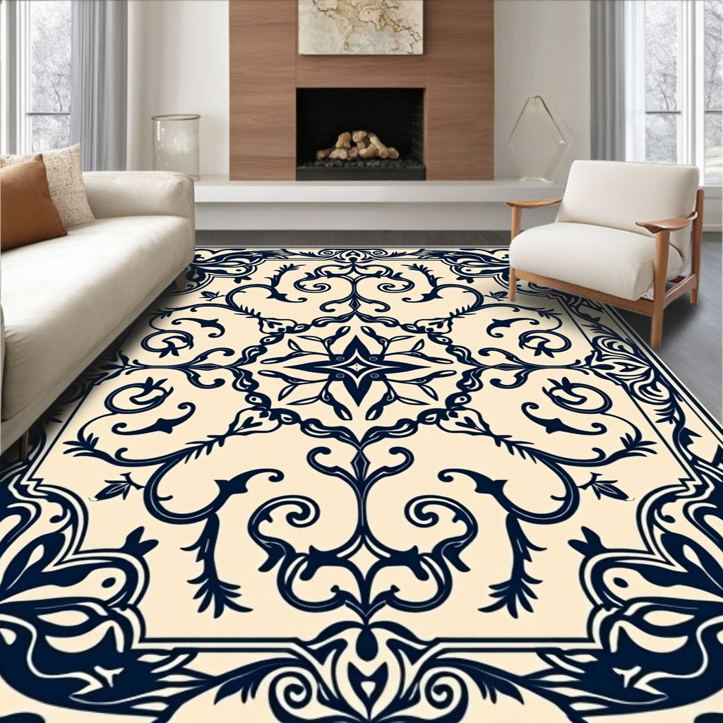 Classic Dark Blue Swirl Floral Pattern Rug