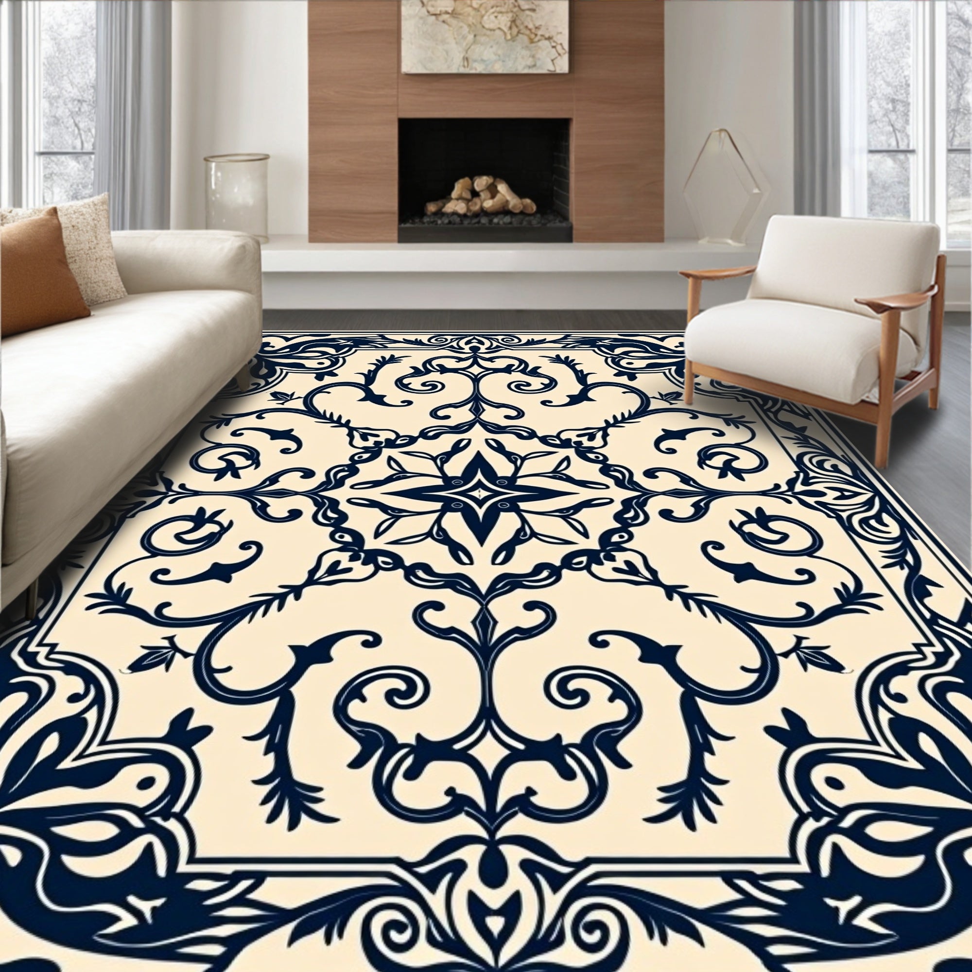 Classic Dark Blue Swirl Floral Pattern Rug