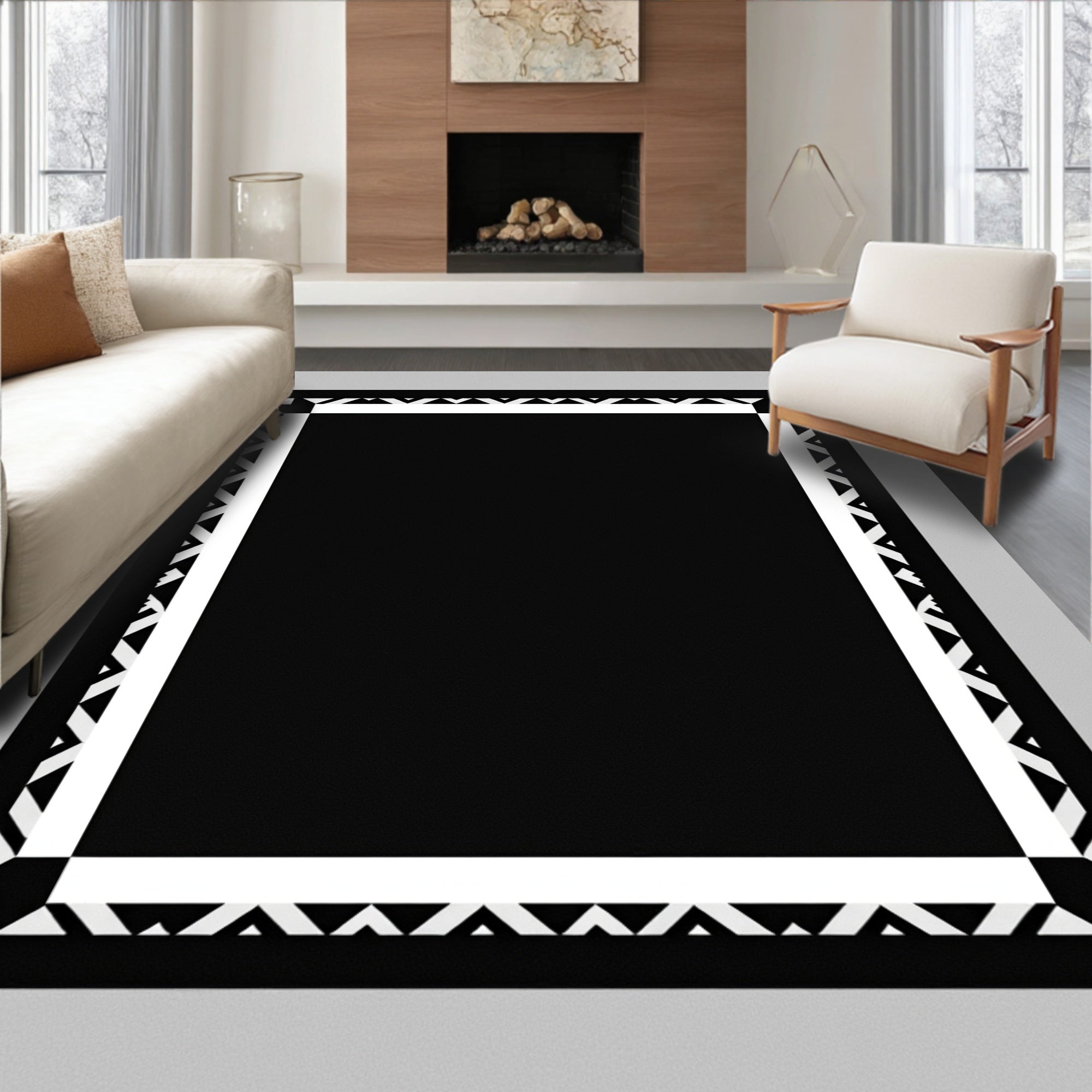Monochrome Geometric Border Square Rug