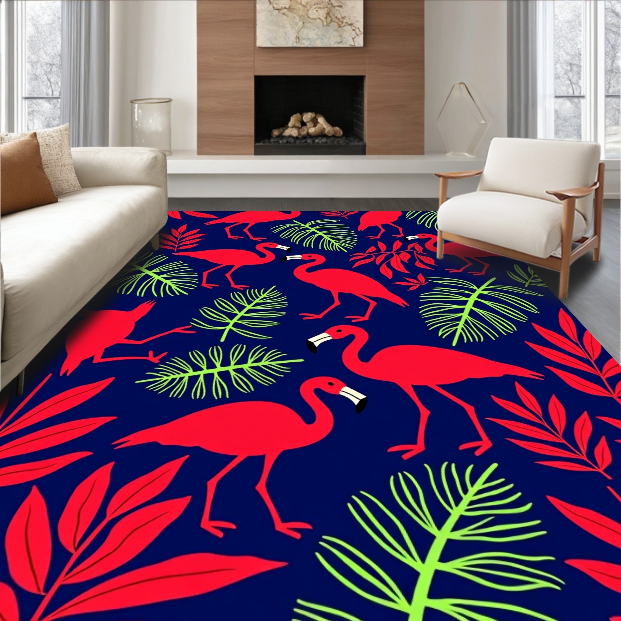 Tropical Flamingo Foliage Design Rug