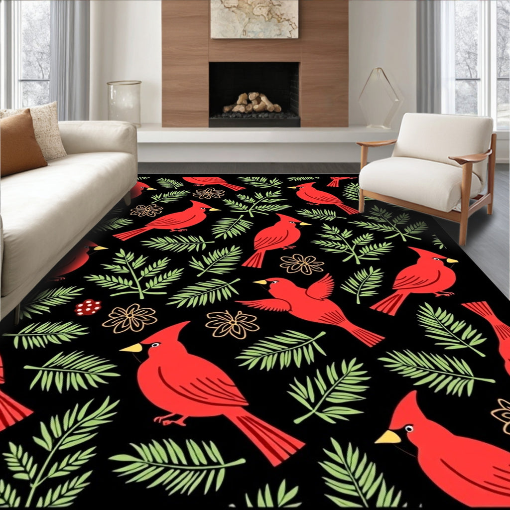 Red Cardinal Bird Green Leaf Floral Rug