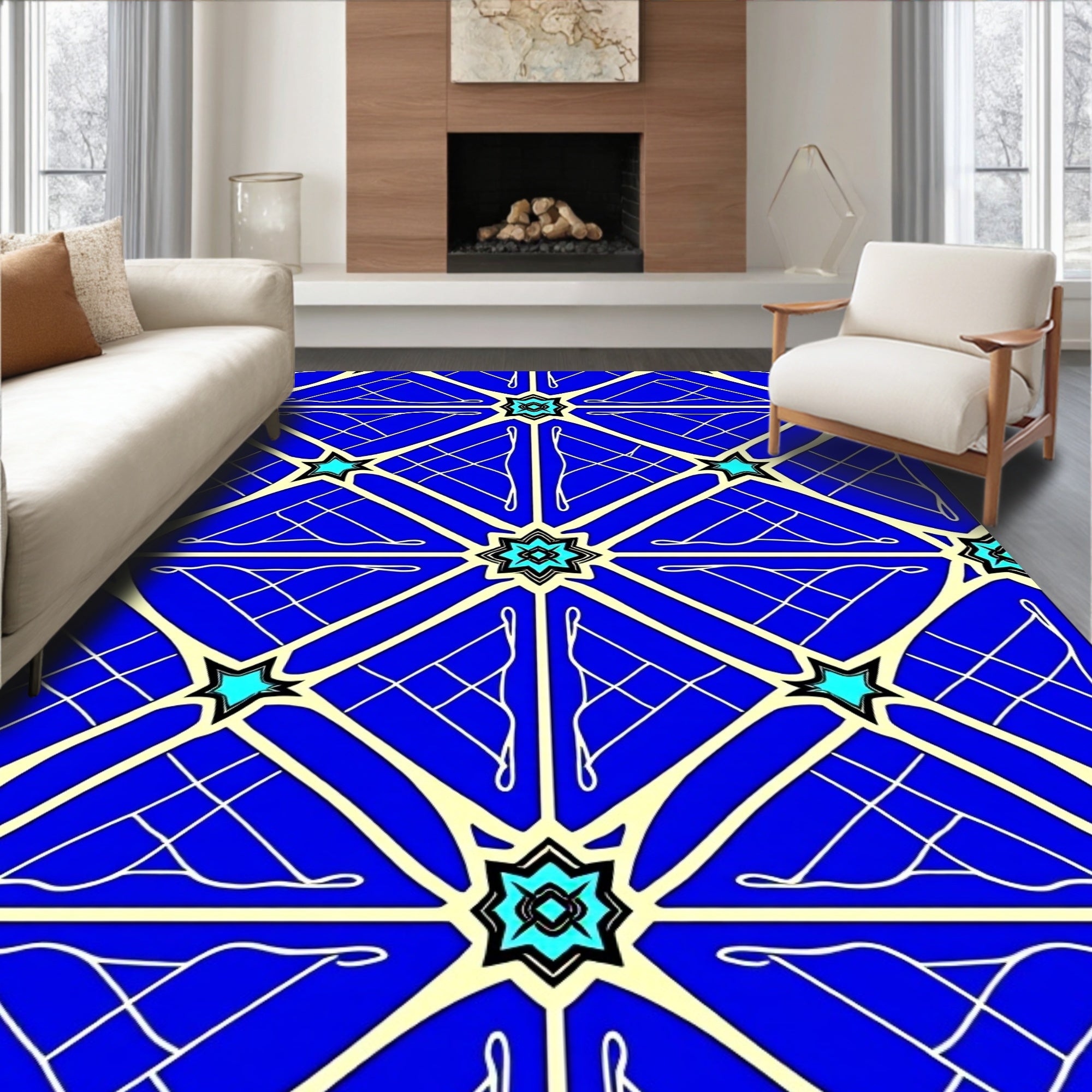 Bold Blue Starburst Geometric Tile Rug