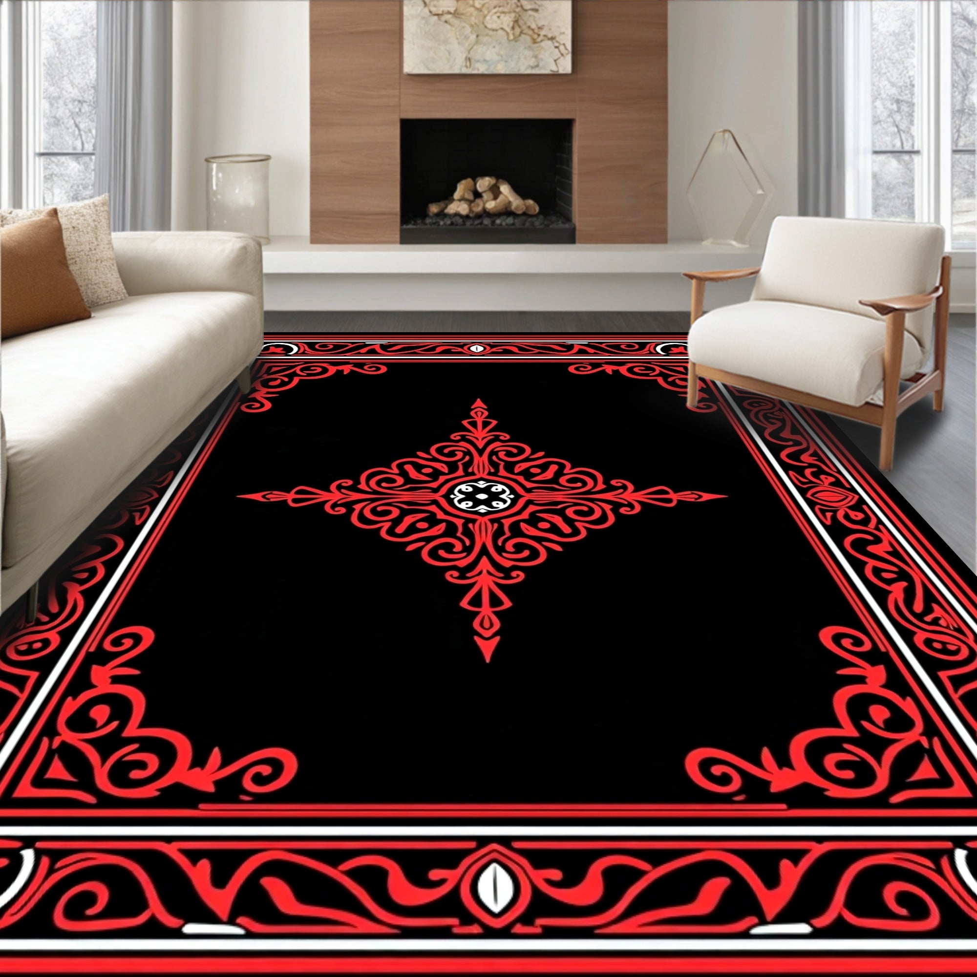 Bold Red White Ornamental Design Rug