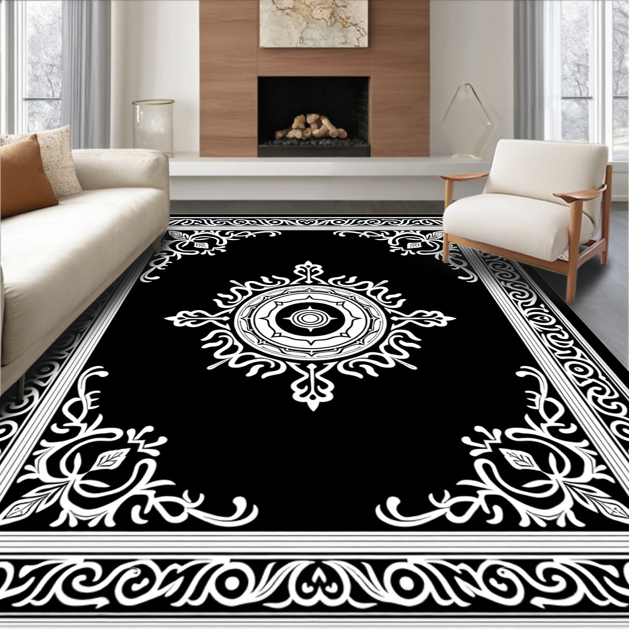 Ornate Monochromatic Mandala Border Design Rug
