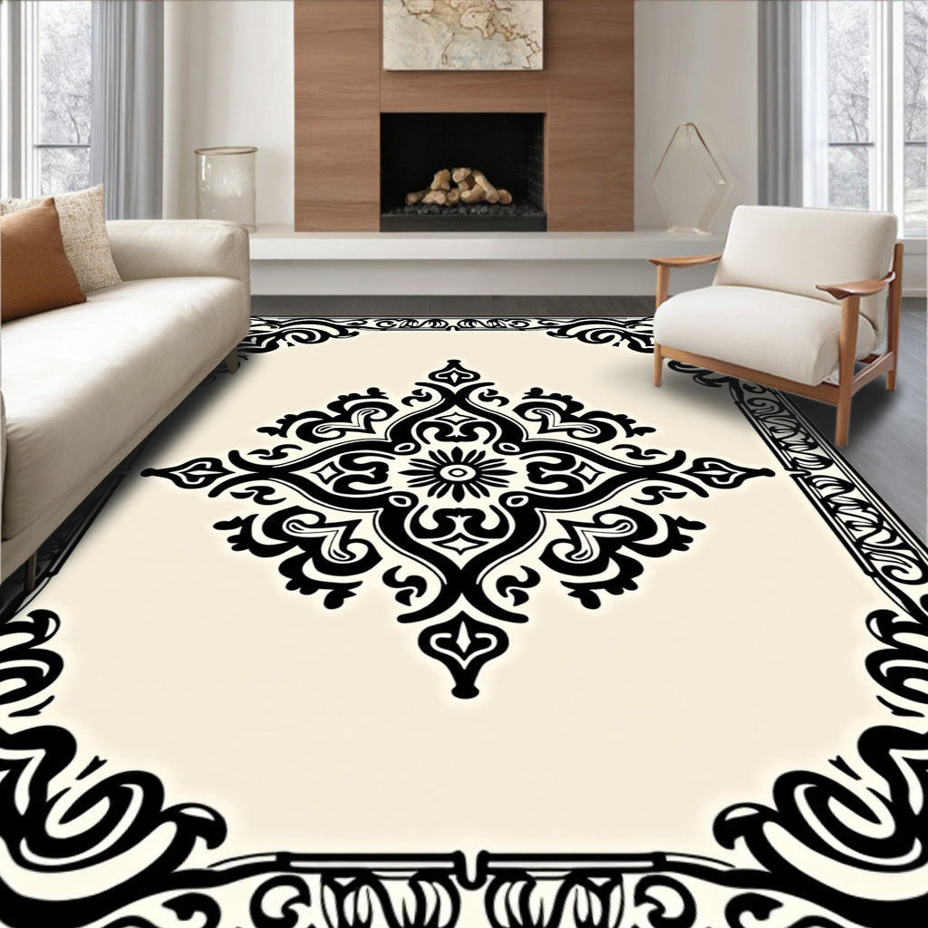 Black Damask Floral Ornate Design Rug