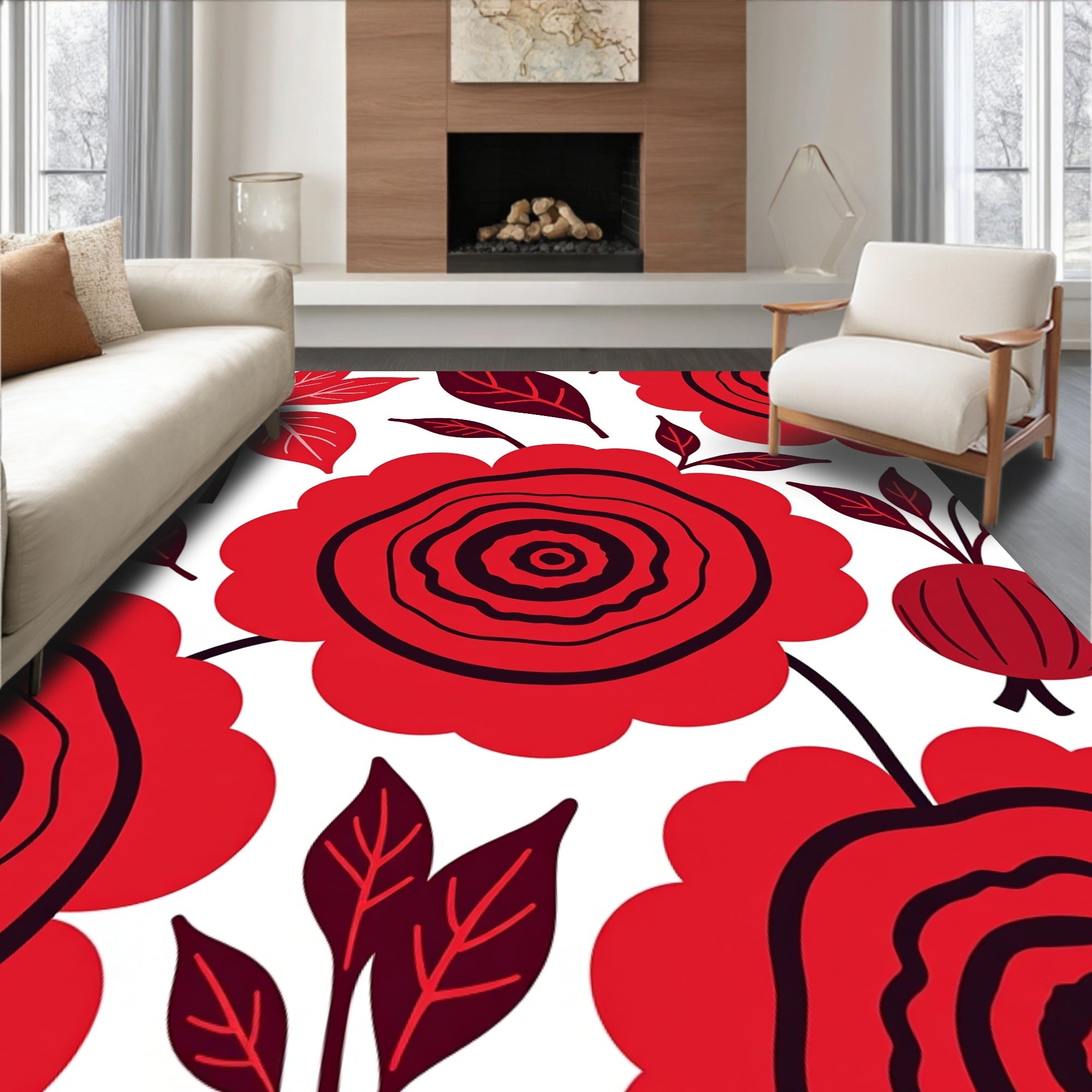 Bold Red Black Floral Design Rug