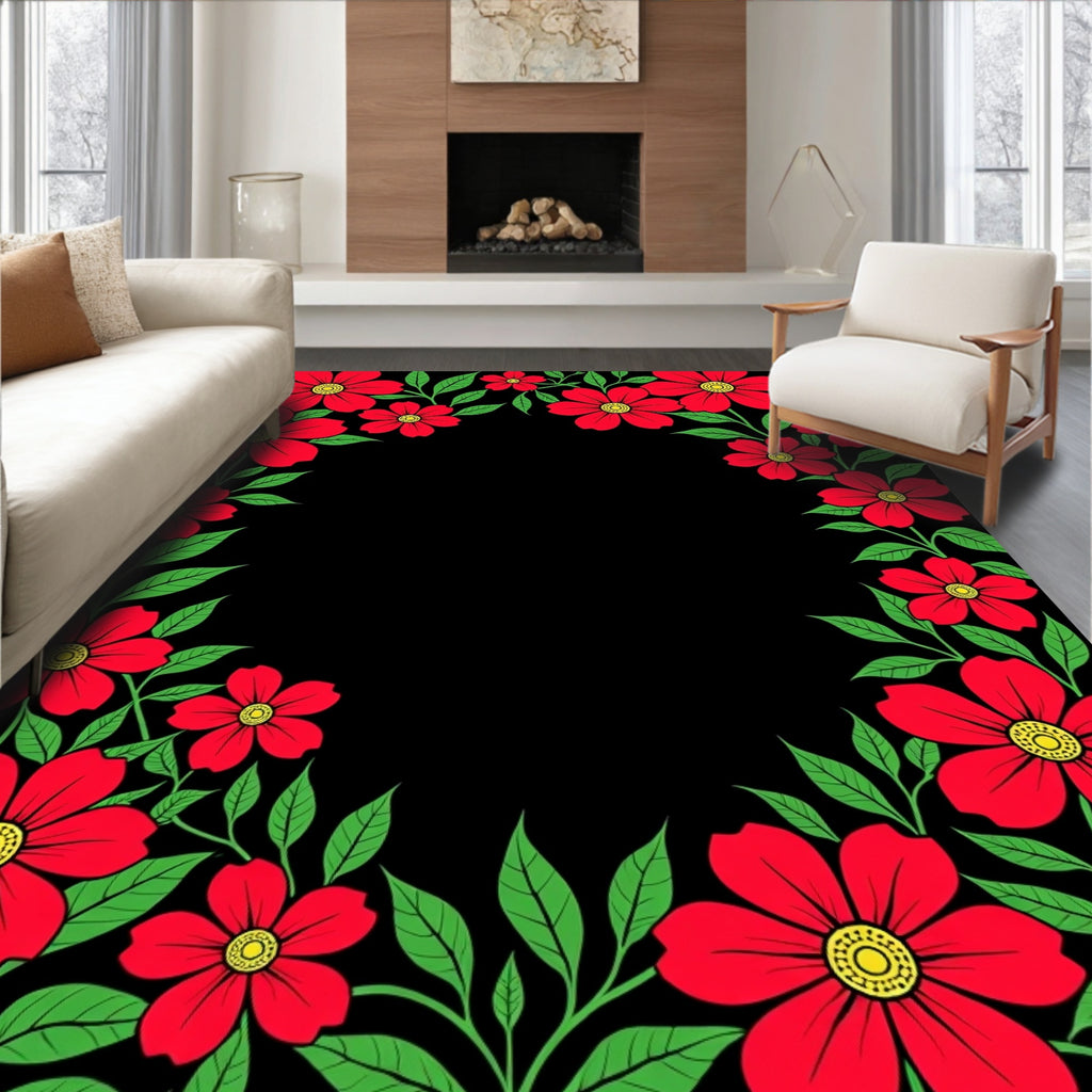 Vibrant Red Floral Garland Border Rug