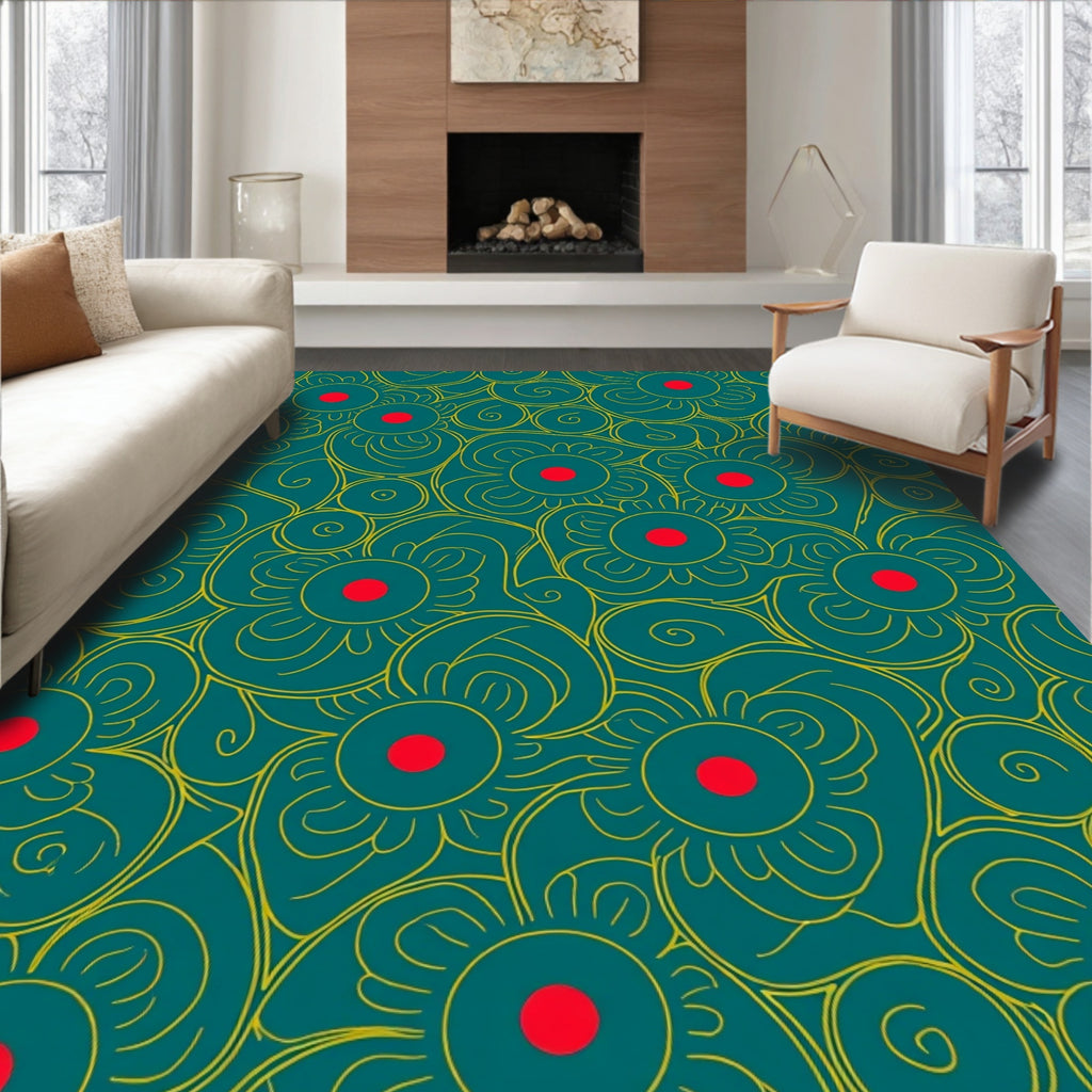 Teal Yellow Crimson Floral Swirl Rug