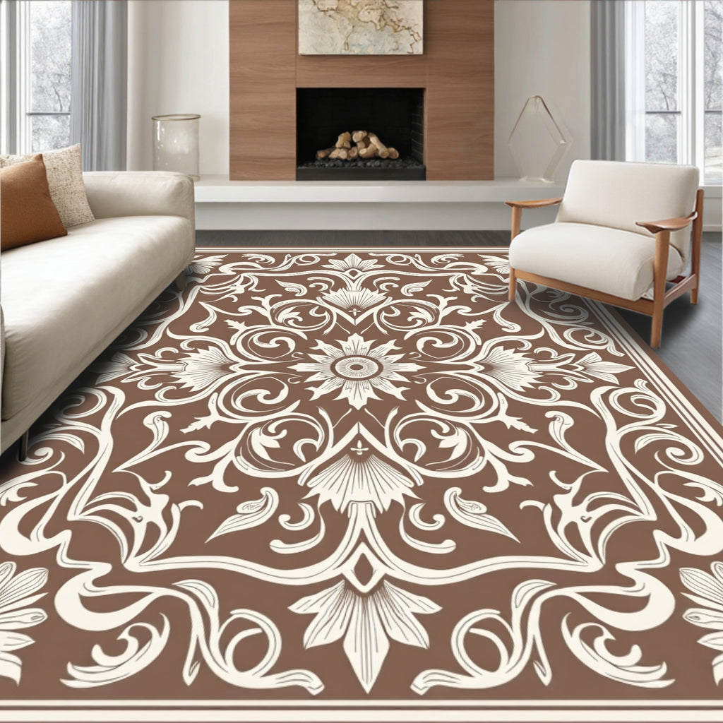 Ornate Floral Swirls Brown Rug