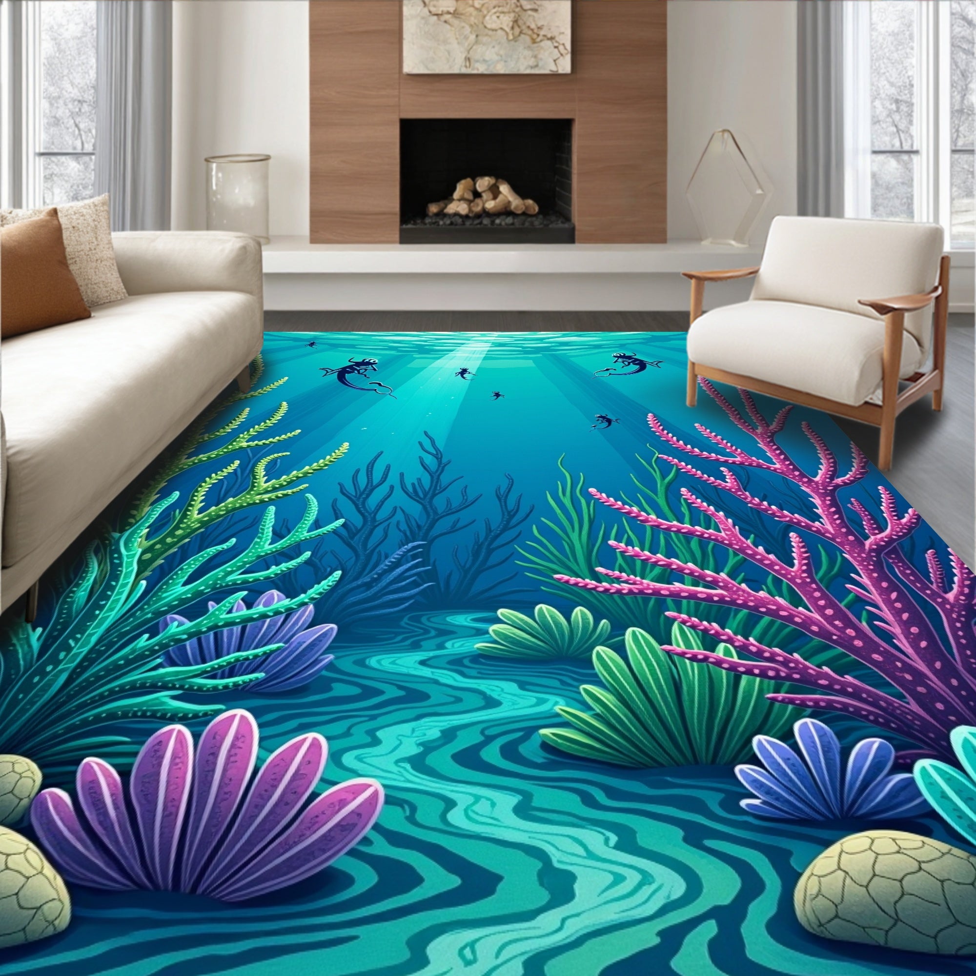 Underwater Scene With Coral Divers Rug