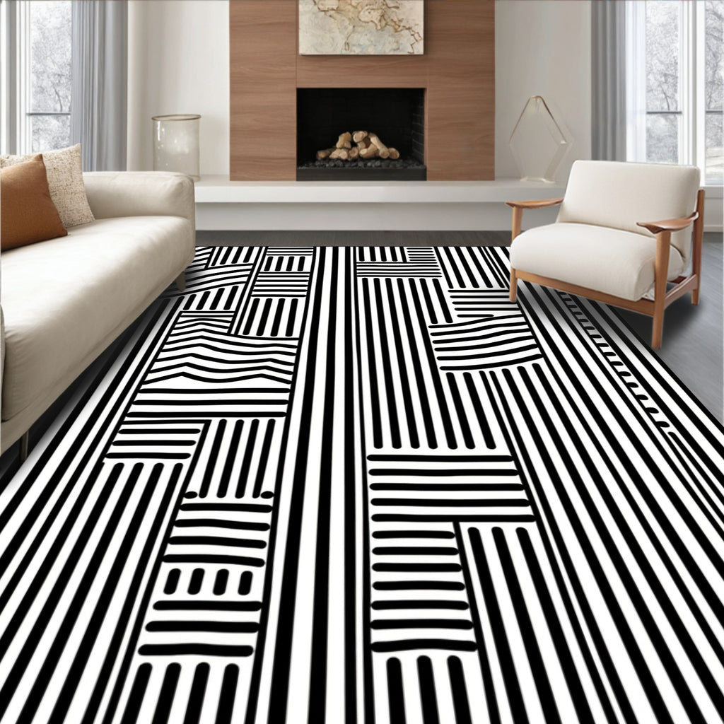 Bold Black White Abstract Stripe Pattern Rug