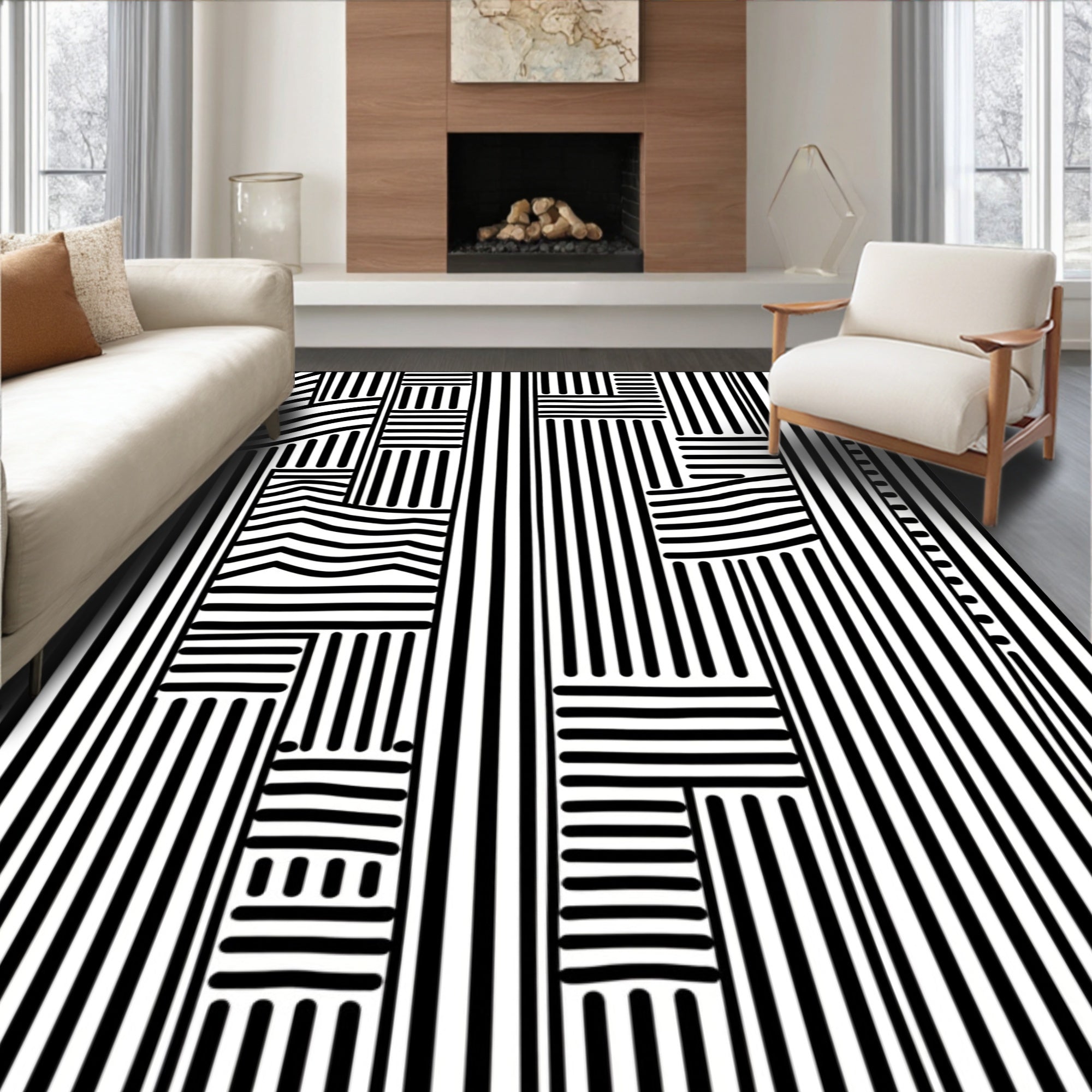 Bold Black White Abstract Stripe Pattern Rug