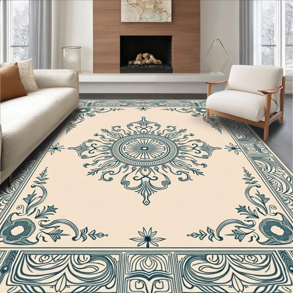 Ornate Teal Sunburst Floral Square Rug