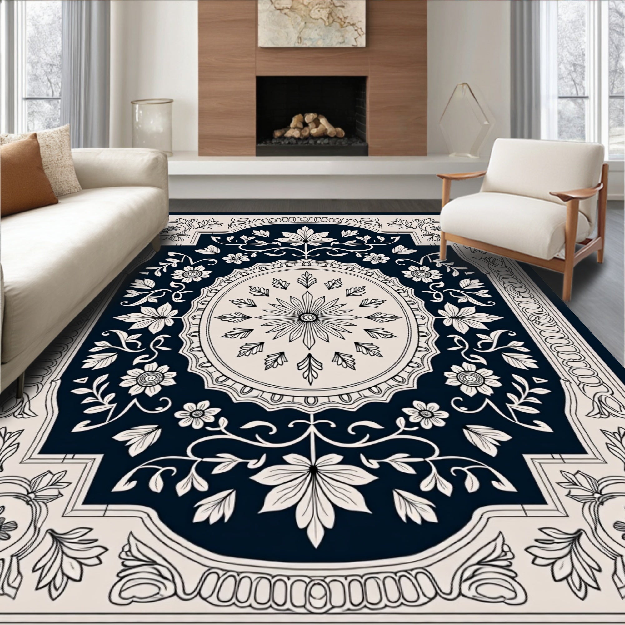 Ornate Floral Leaf Medallion Rug
