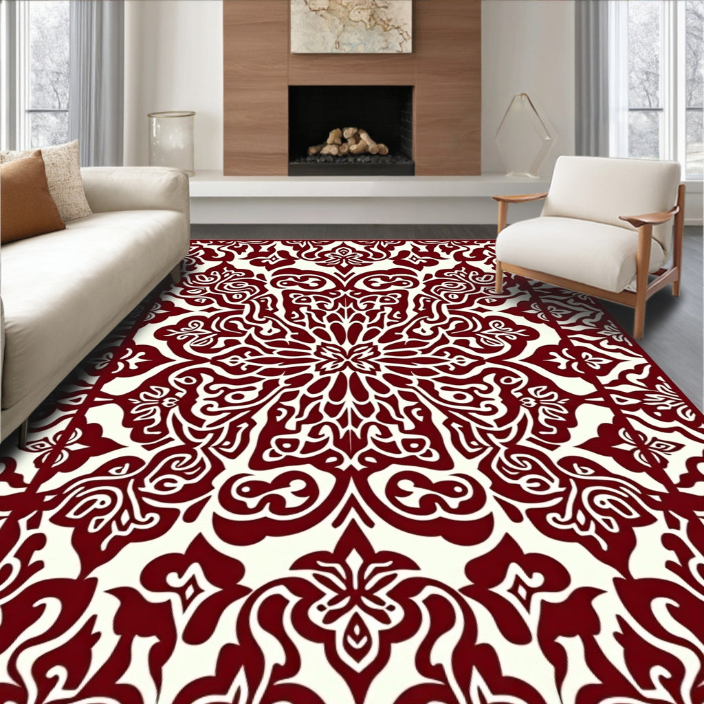 Rich Red Damask Scroll Pattern Rug