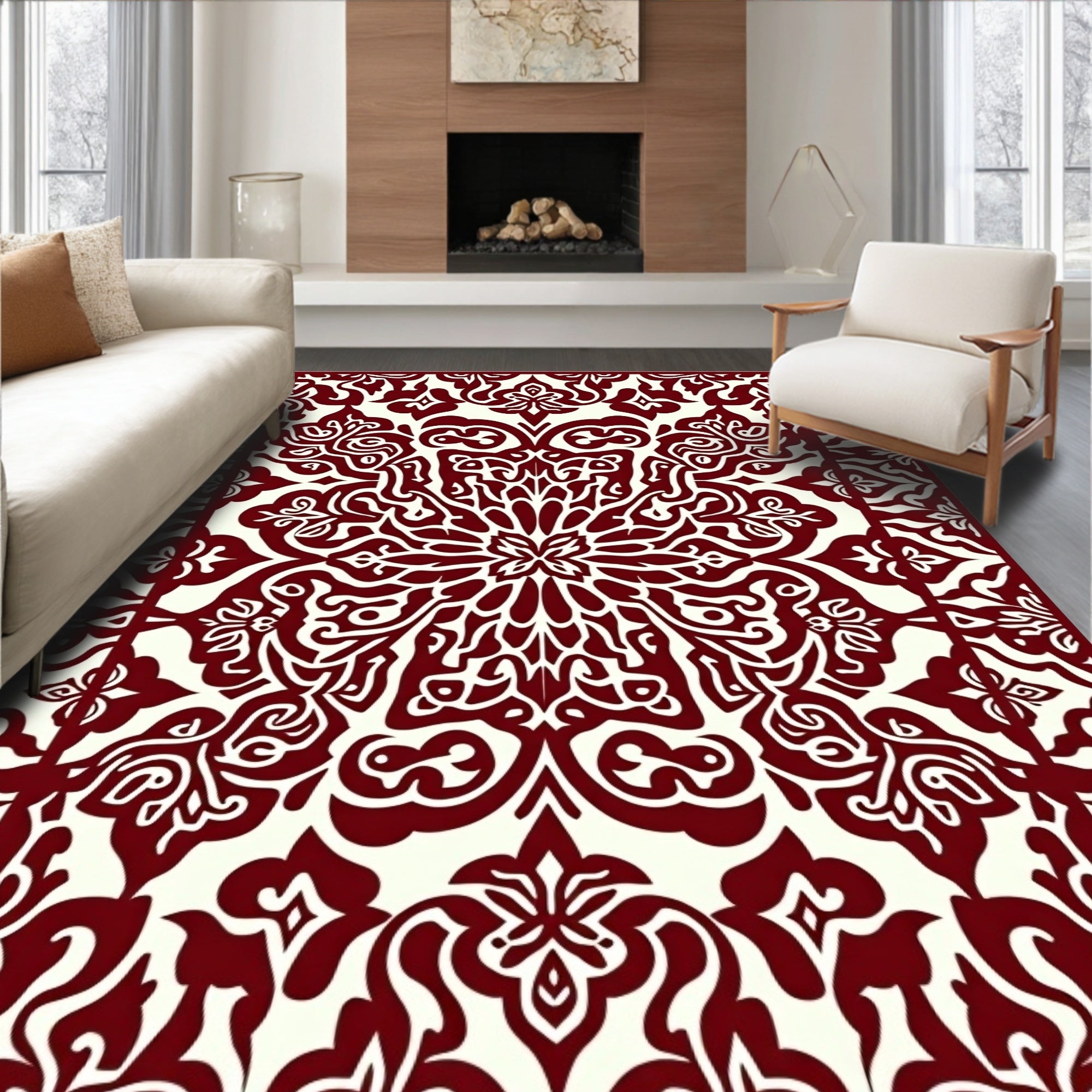 Rich Red Damask Scroll Pattern Rug