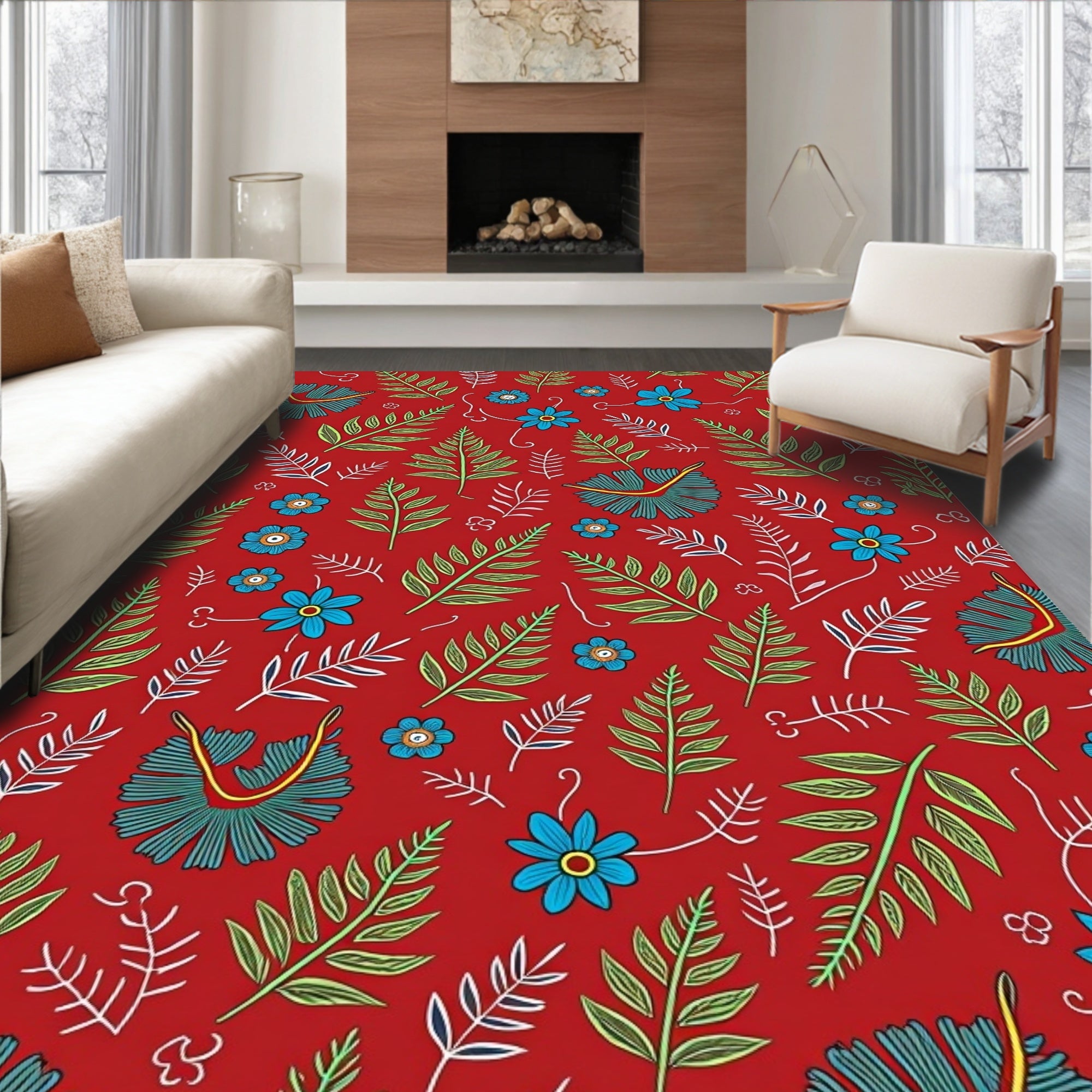 Red Floral Fern Pattern Design Rug