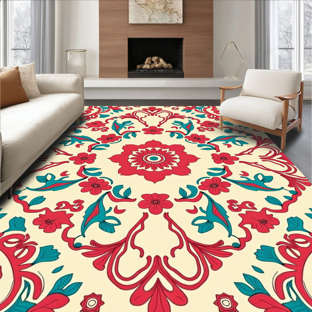 Red Teal Floral Symmetry Rug