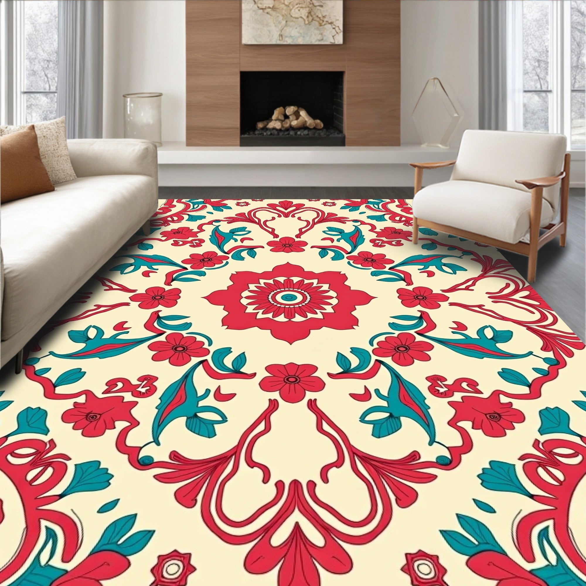 Red Teal Floral Symmetry Rug