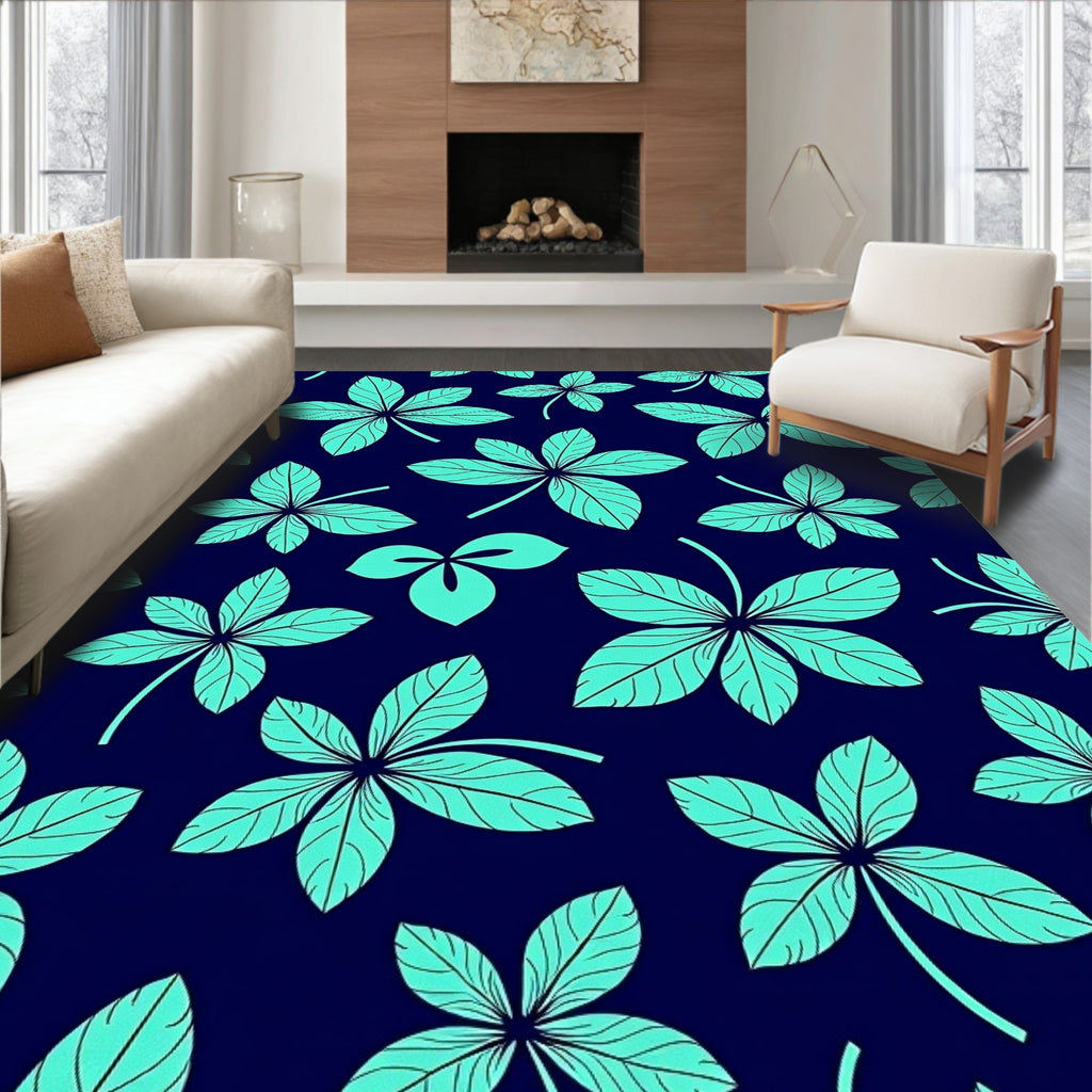 Aqua Leaf Pattern on Dark Blue Rug