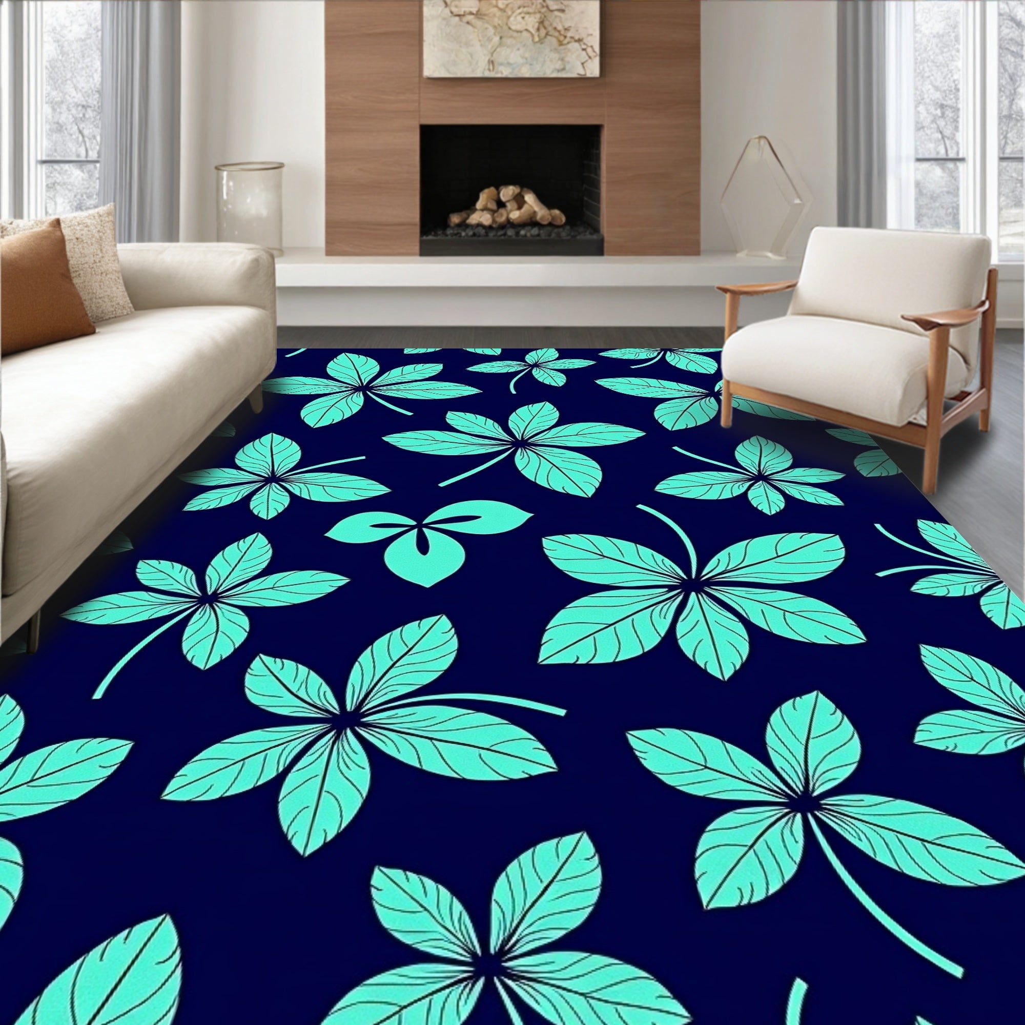 Aqua Leaf Pattern on Dark Blue Rug