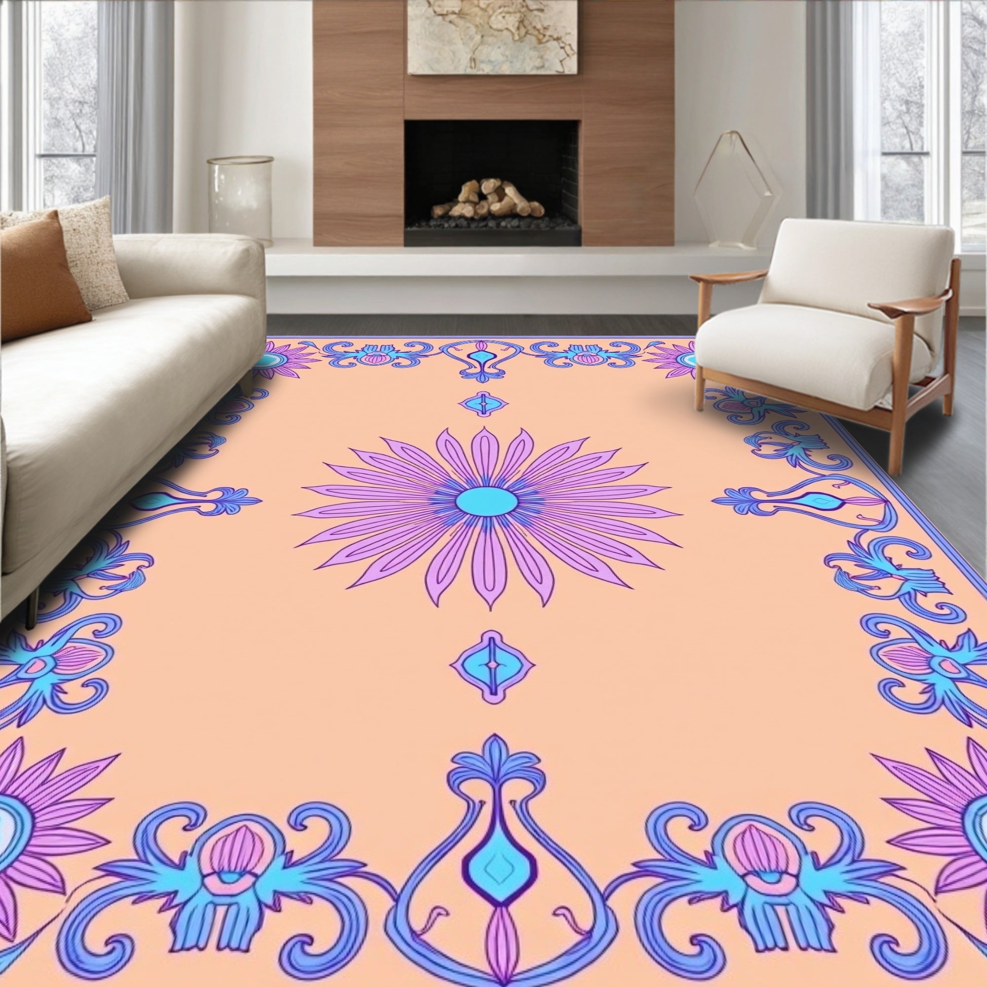 Floral Border with Blue Accents Rug