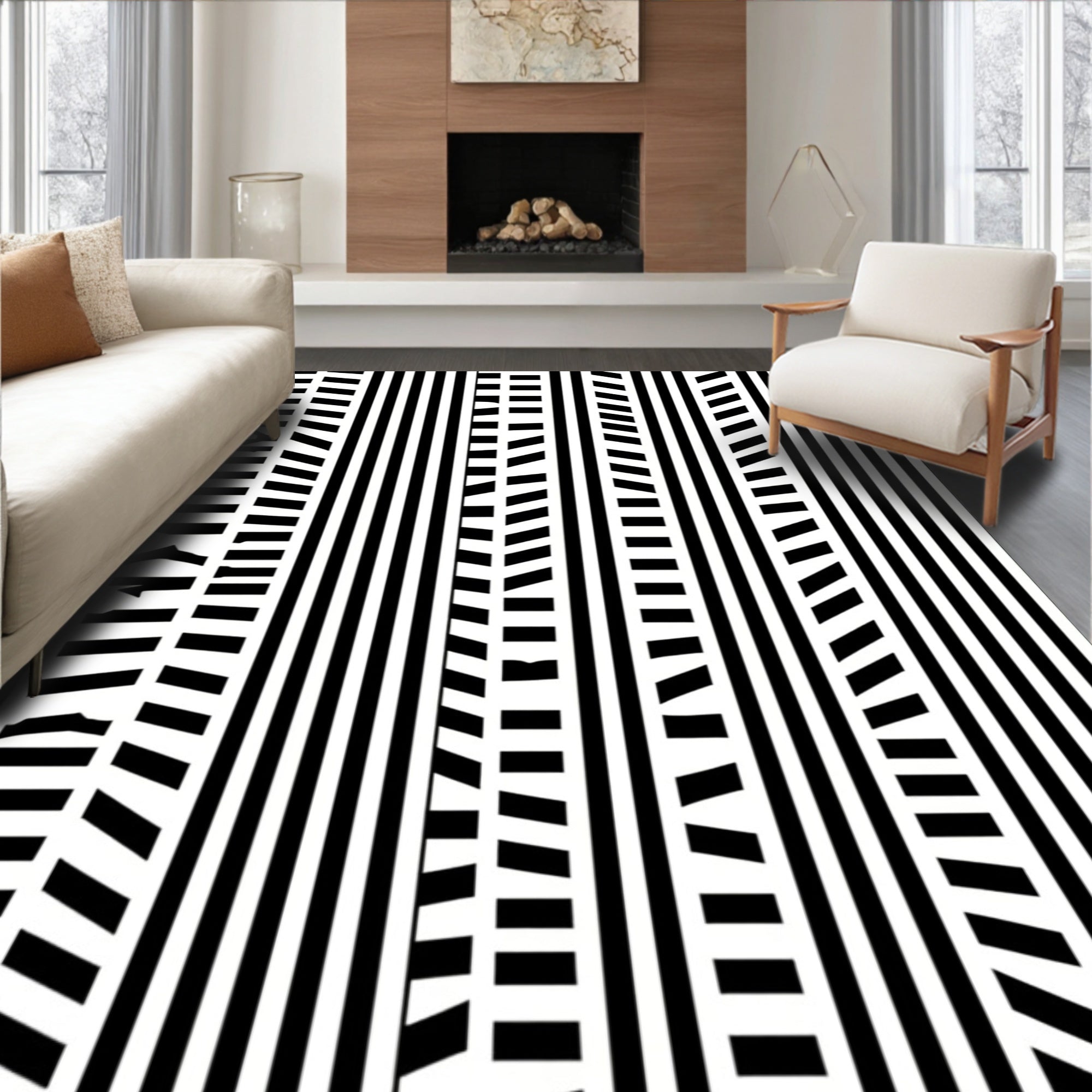 Bold Black White Geometric Stripe Medallion Rug