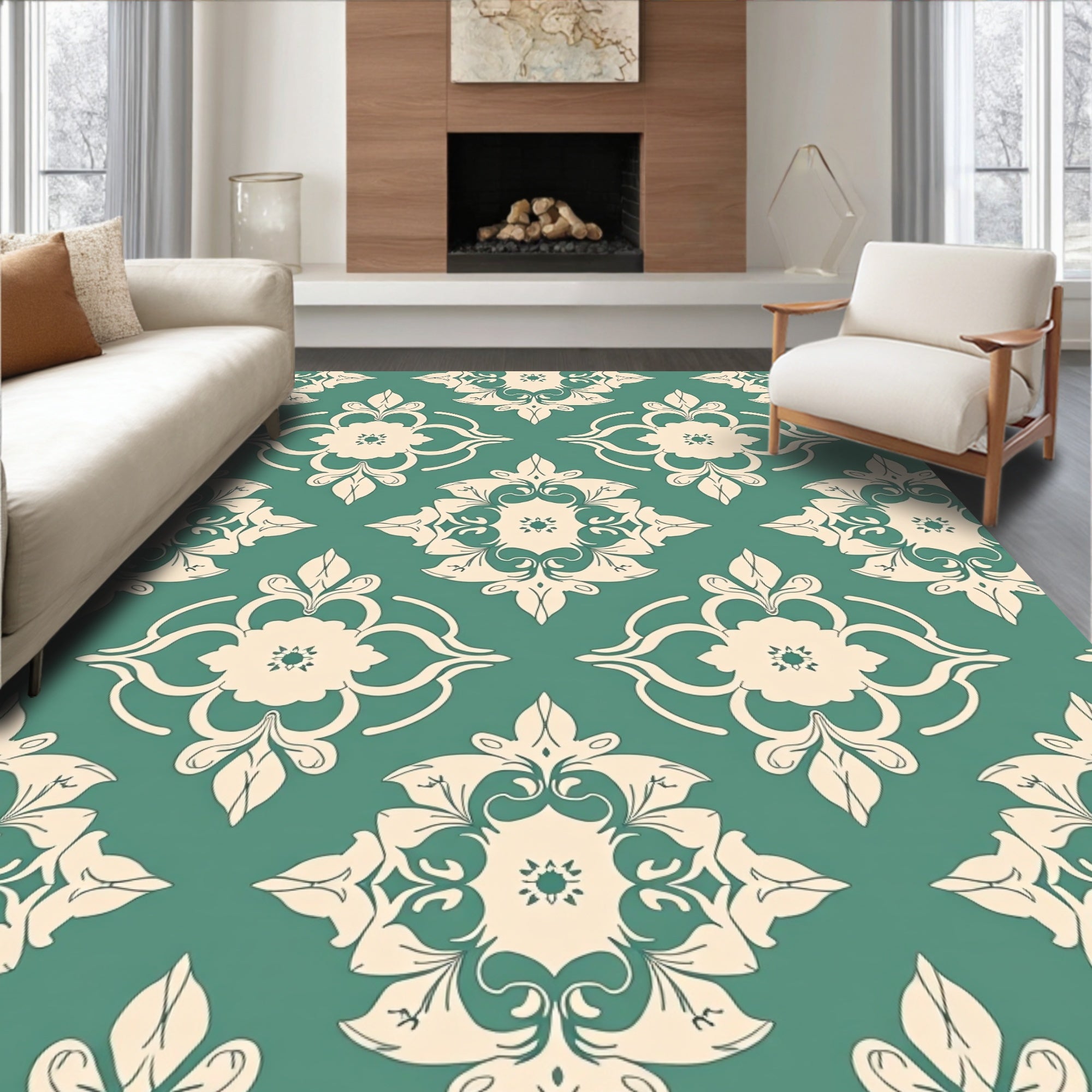 Damask Floral Pattern With Scrollwork Rug