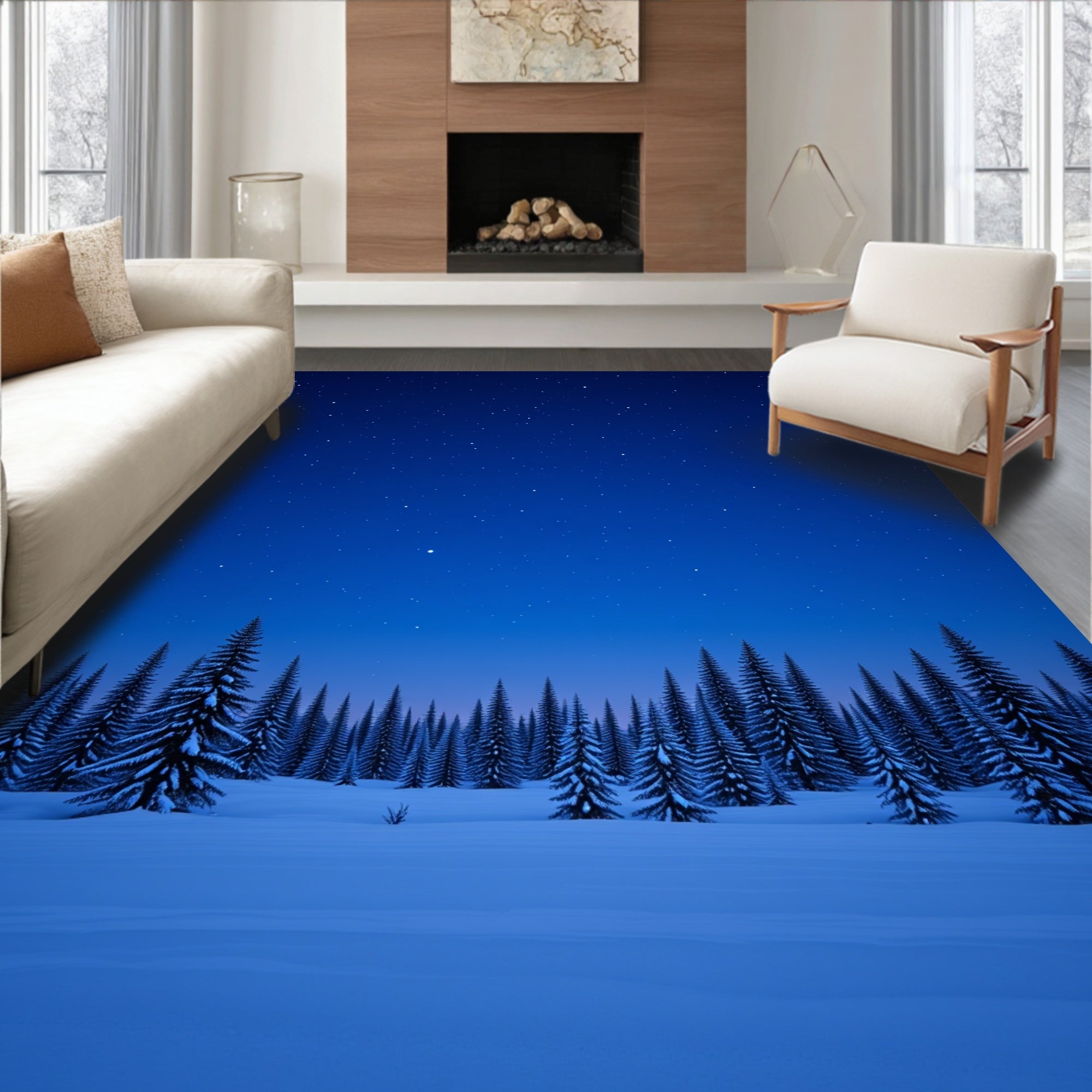 Wintery Forest Under Starry Night Sky Rug
